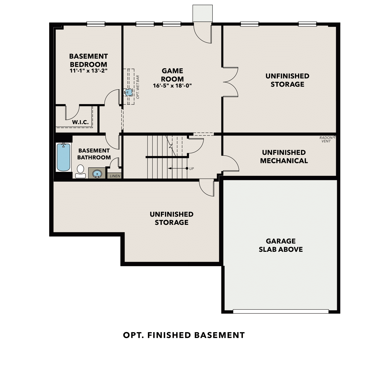 Optional finished basement floor plan of The Hampton B featuring bedroom, full bath, game room, and storage areas