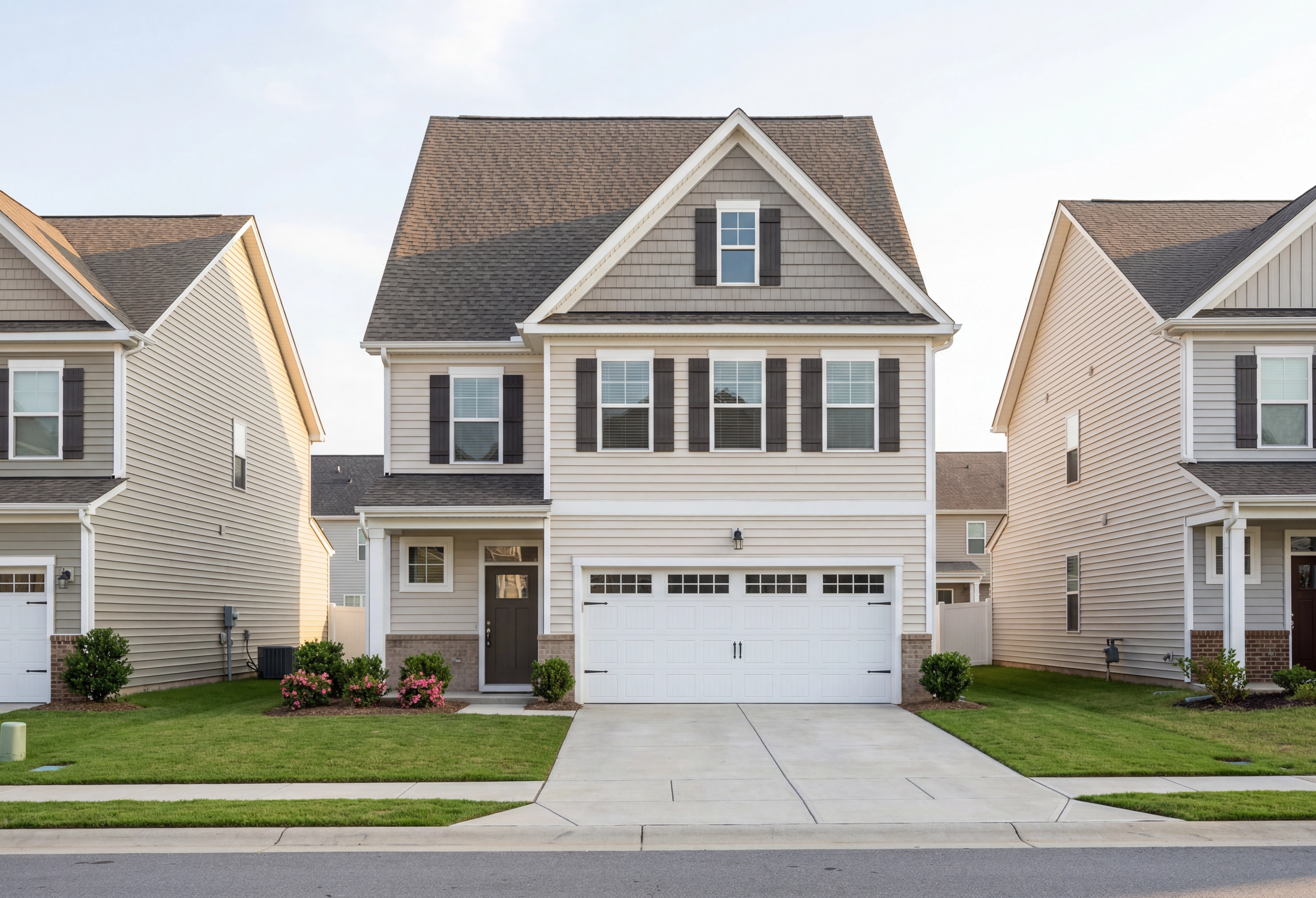 Two-story Gavin A home by Davidson Homes in Lillington NC, beige siding, gabled roof, two-car garage, front porch, landscaped yard