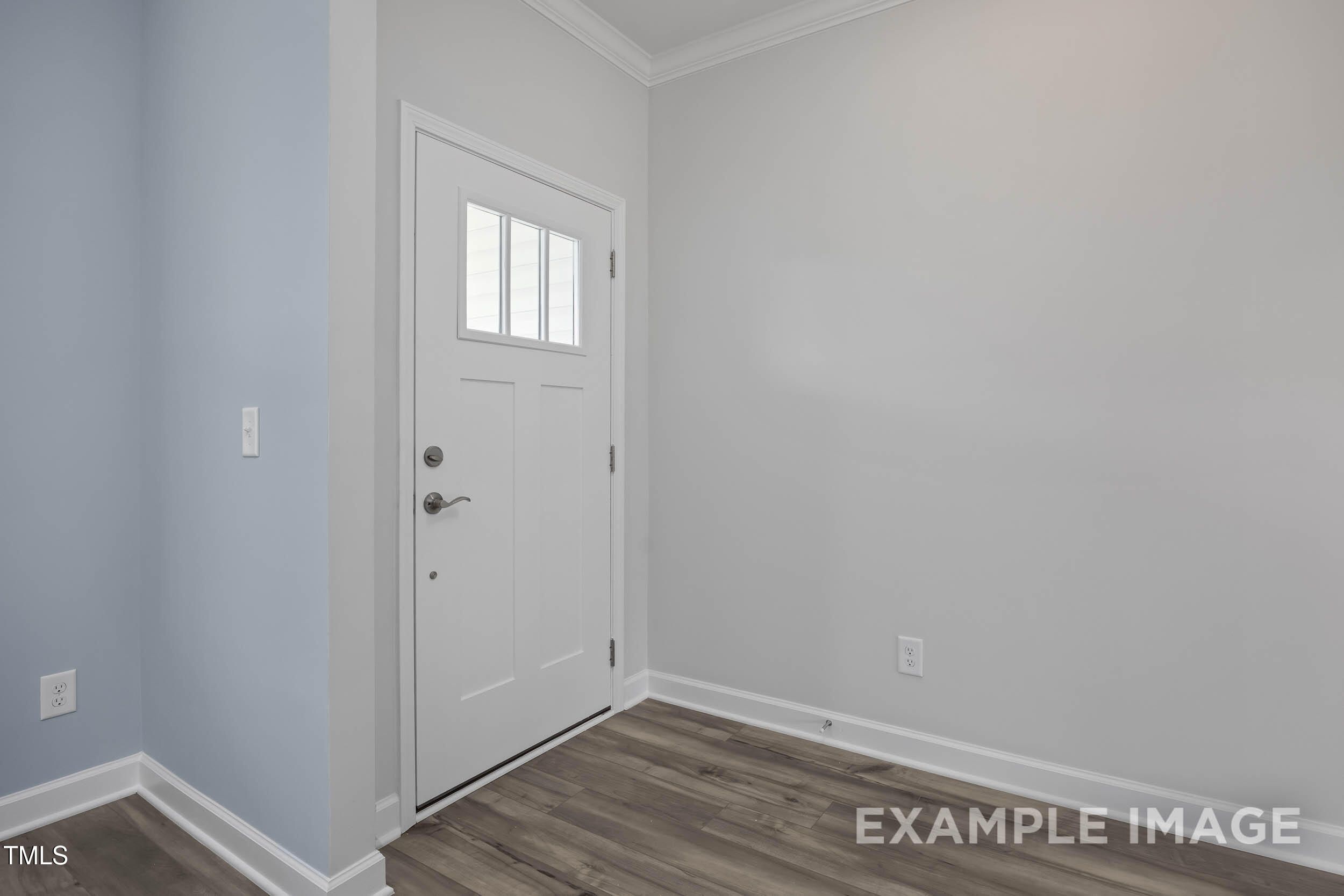 White paneled door with glass insert in entryway, blue accent wall, neutral tones, laminate wood floors in The Willow E home, Angier NC