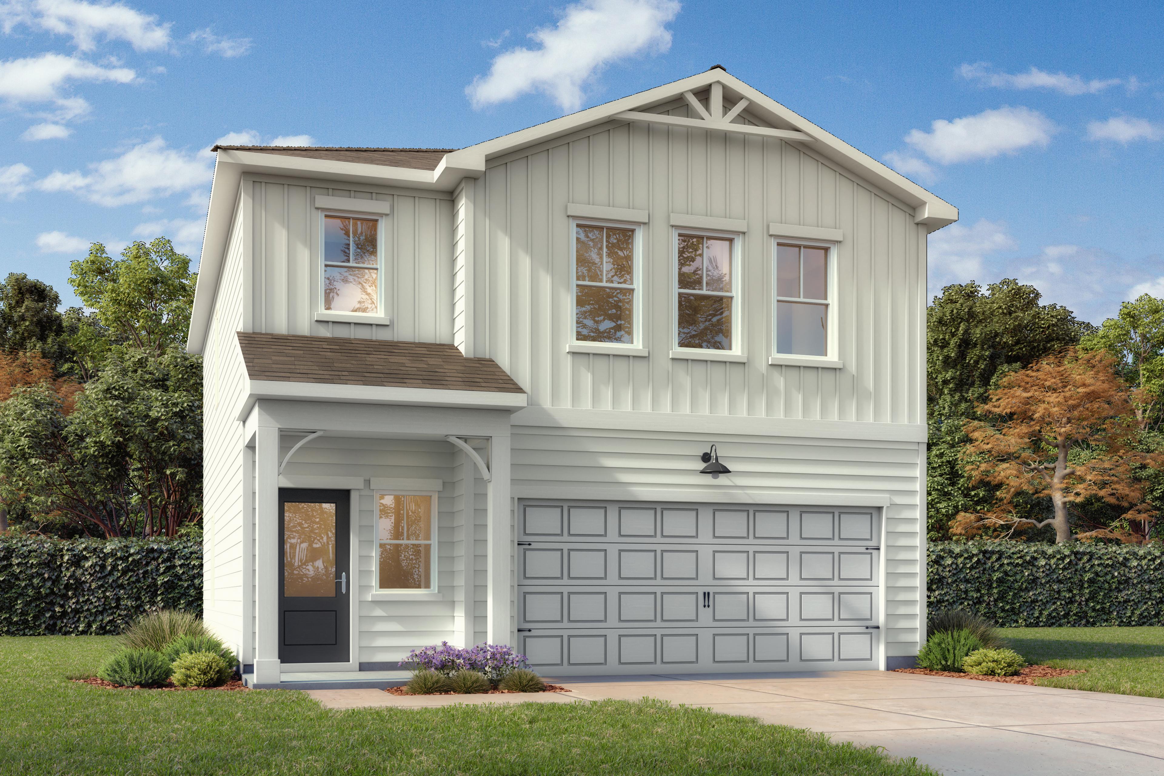 Front exterior of a 2 story home with front patio, 2 car carage