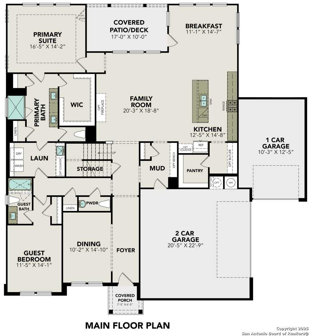Main floor plan of The Belmont H: open kitchen, family room, primary suite, 2-car garage in Castroville, TX home