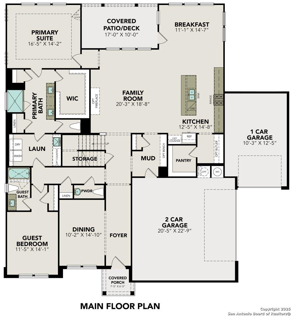 Main floor plan of The Belmont H: open kitchen, family room, primary suite, 2-car garage in Castroville, TX home