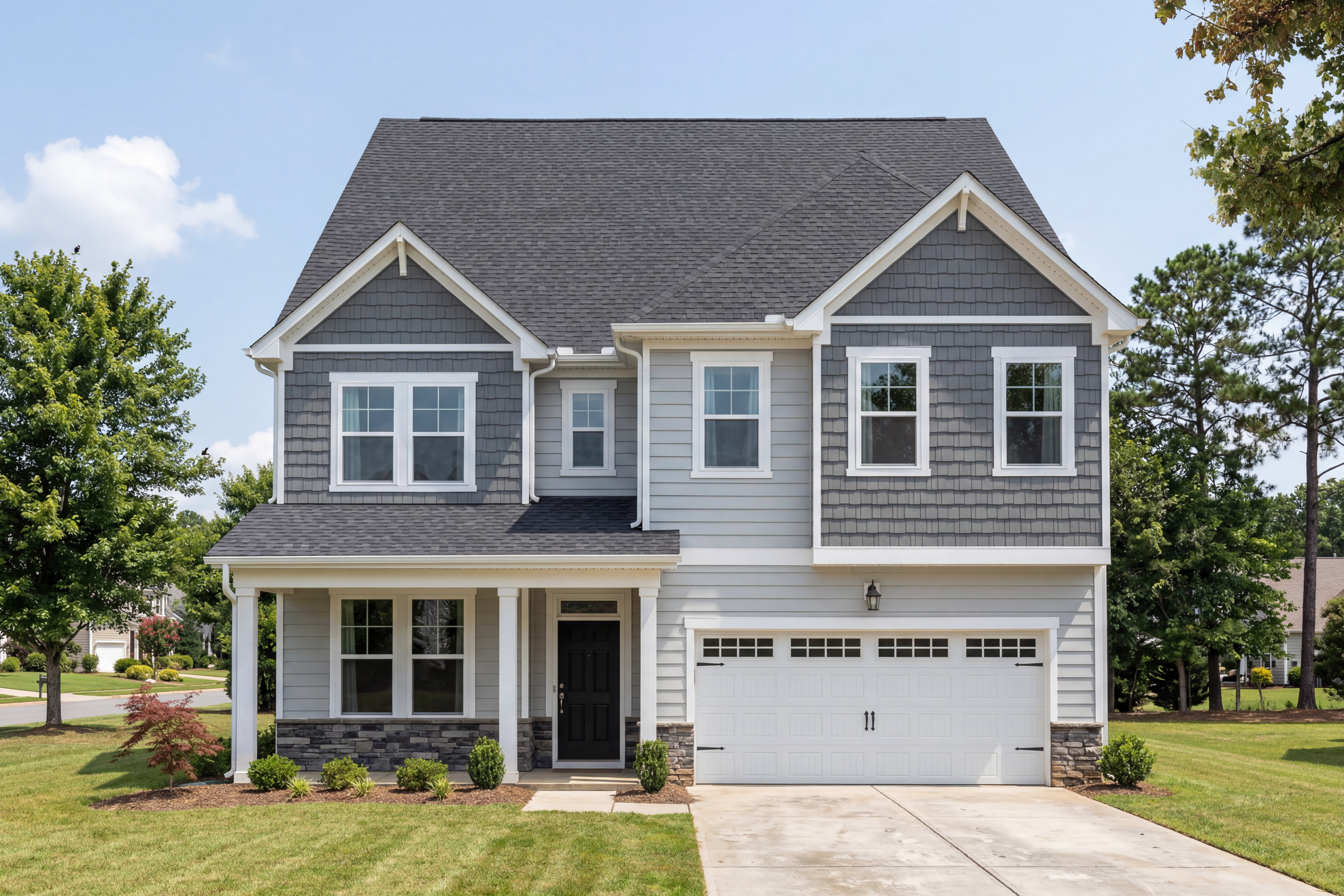Two-story The Aspen C home elevation with gray shake siding, covered front porch, 2-car garage, and lush landscaping in Belmont NC