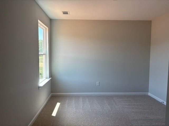 Sunlit empty bedroom with gray walls, carpet flooring, and large window in Davidson Homes The Rabun A, Winder, Georgia