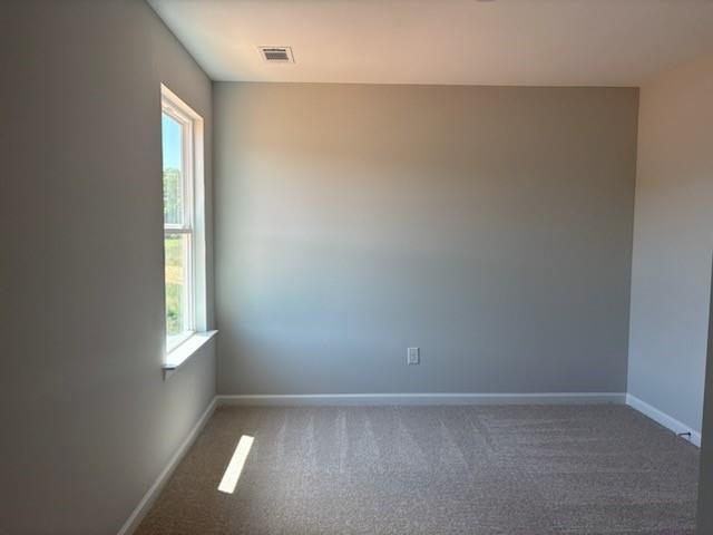 Sunlit empty bedroom with gray walls, carpet flooring, and large window in Davidson Homes The Rabun A, Winder, Georgia