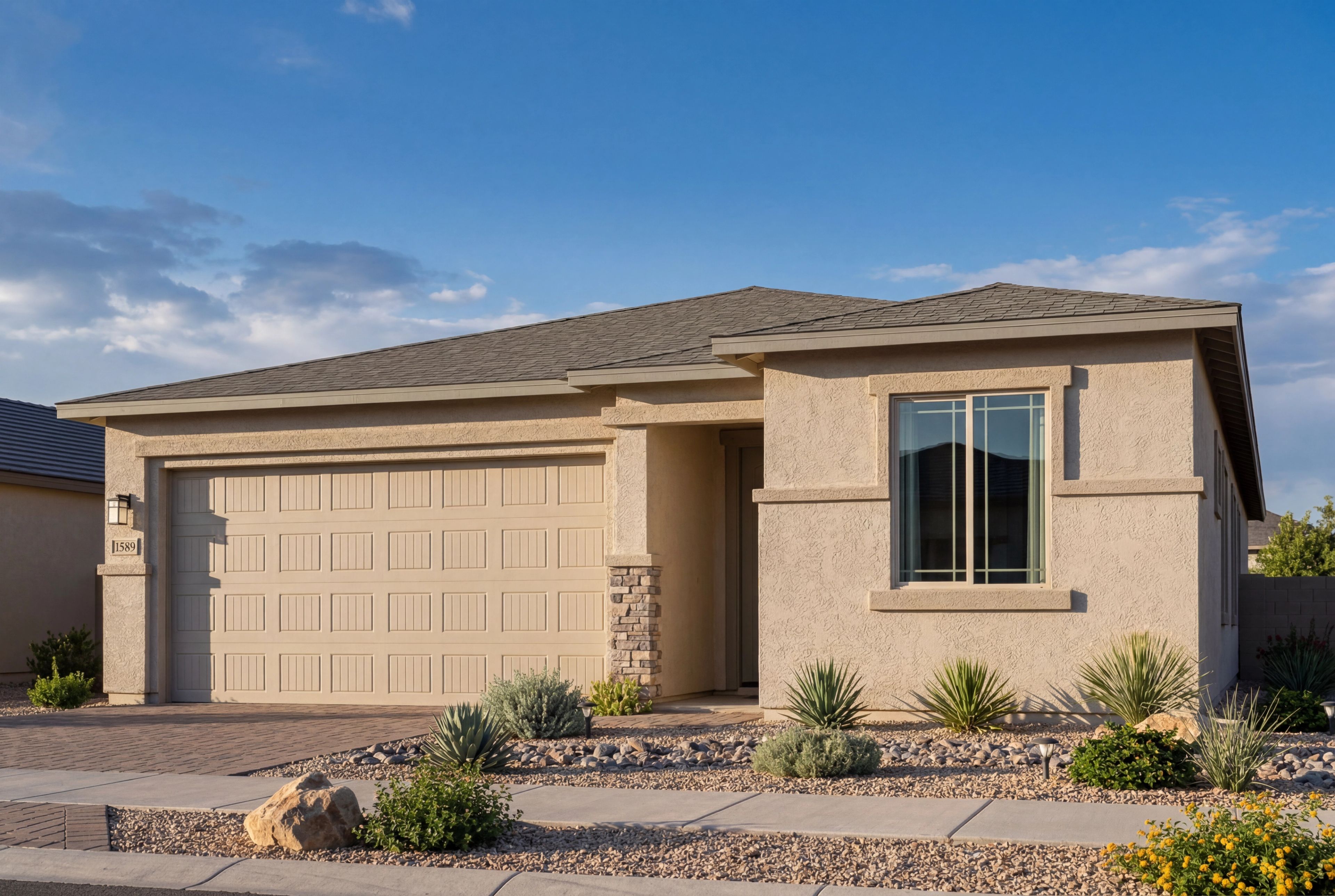 Stucco exterior of The Frontier single-story home by Davidson Homes featuring a three-car garage in Prescott Valley, Arizona.