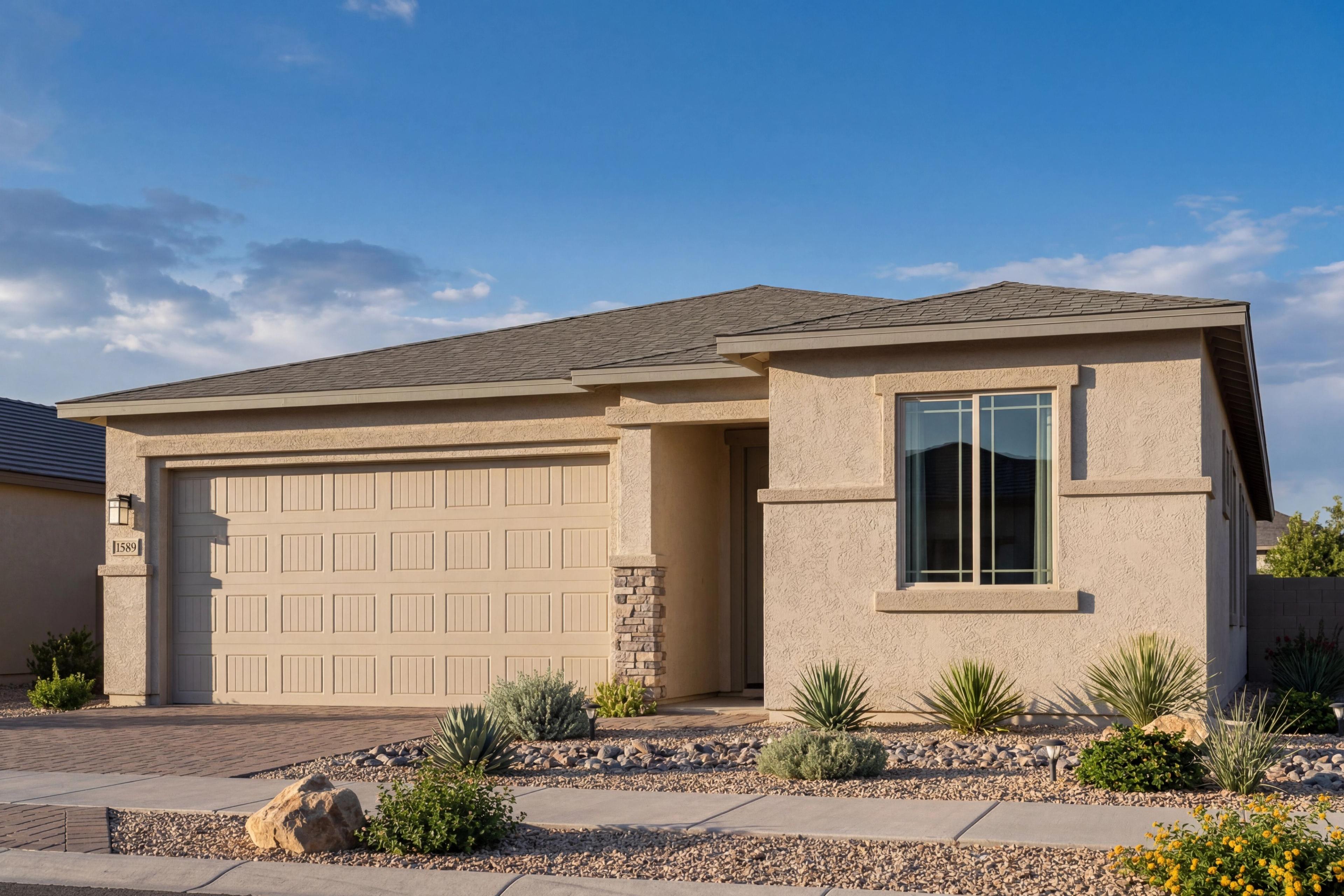 Stucco exterior of The Frontier single-story home by Davidson Homes featuring a three-car garage in Prescott Valley, Arizona.