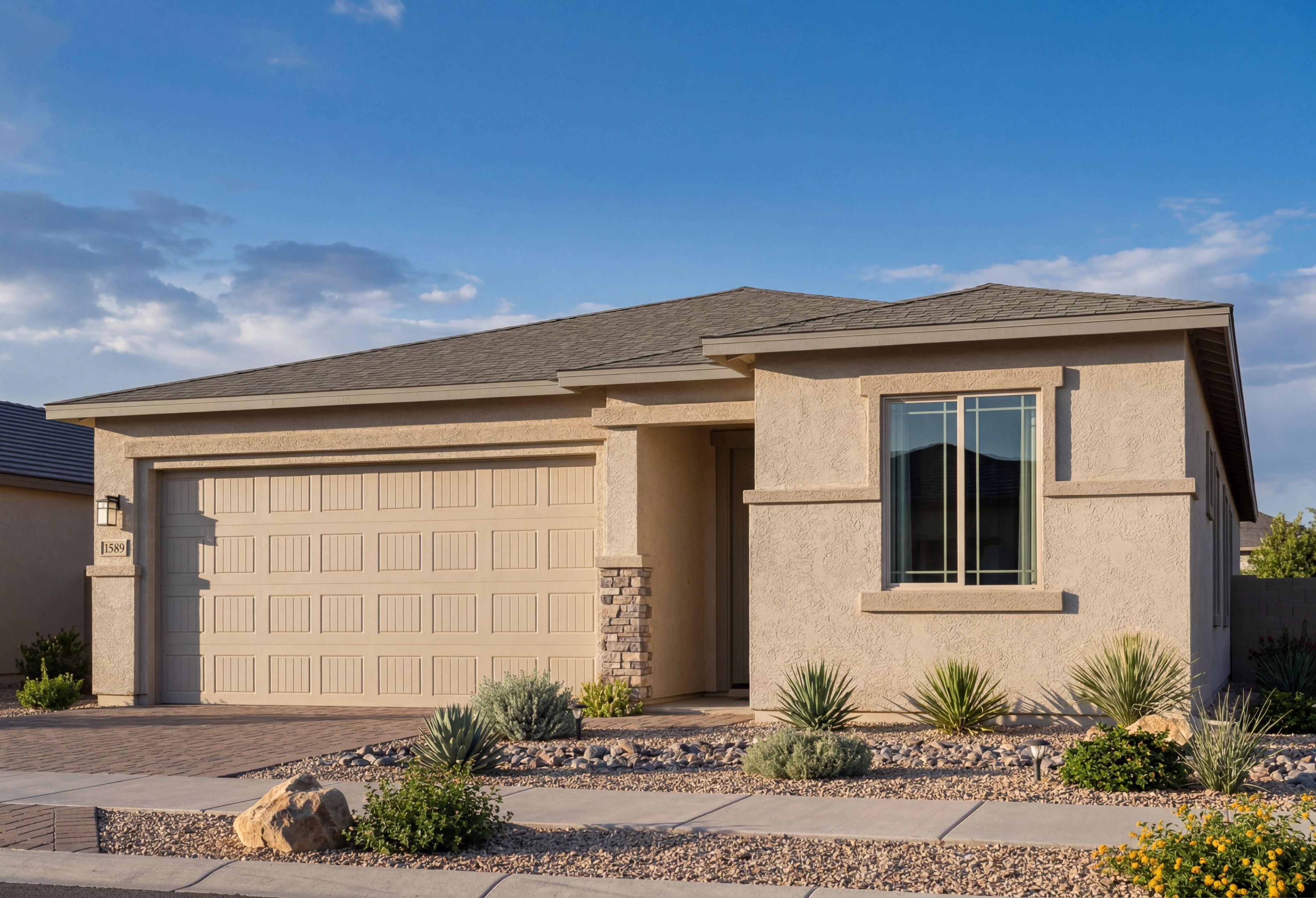 Stucco exterior of The Frontier single-story home by Davidson Homes featuring a three-car garage in Prescott Valley, Arizona.