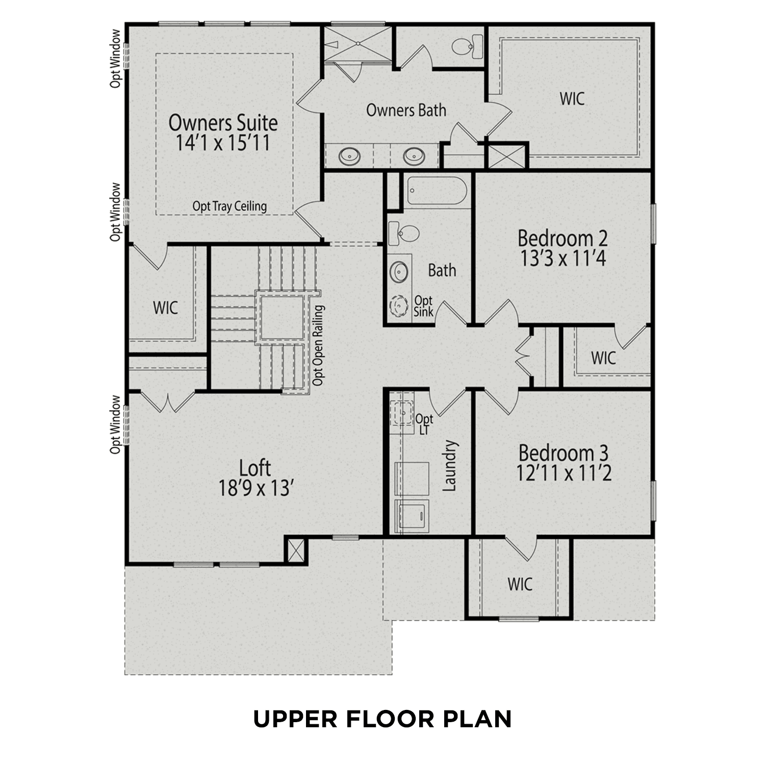 Upper floor plan of The Hemlock A featuring owner's suite, two bedrooms, loft, baths, and laundry in 2-story home design