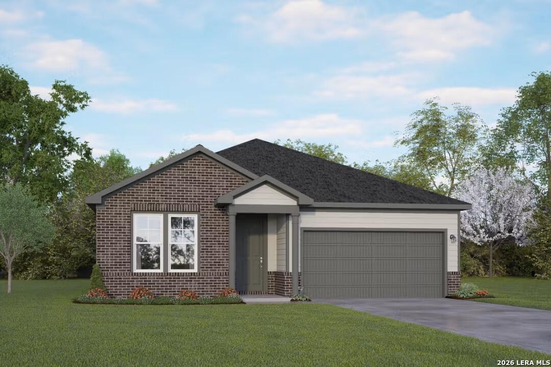 Modern single-story brick home with 2-car garage and landscaped yard in Hannah Heights, Seguin, Texas - Davidson Homes The Daphne H