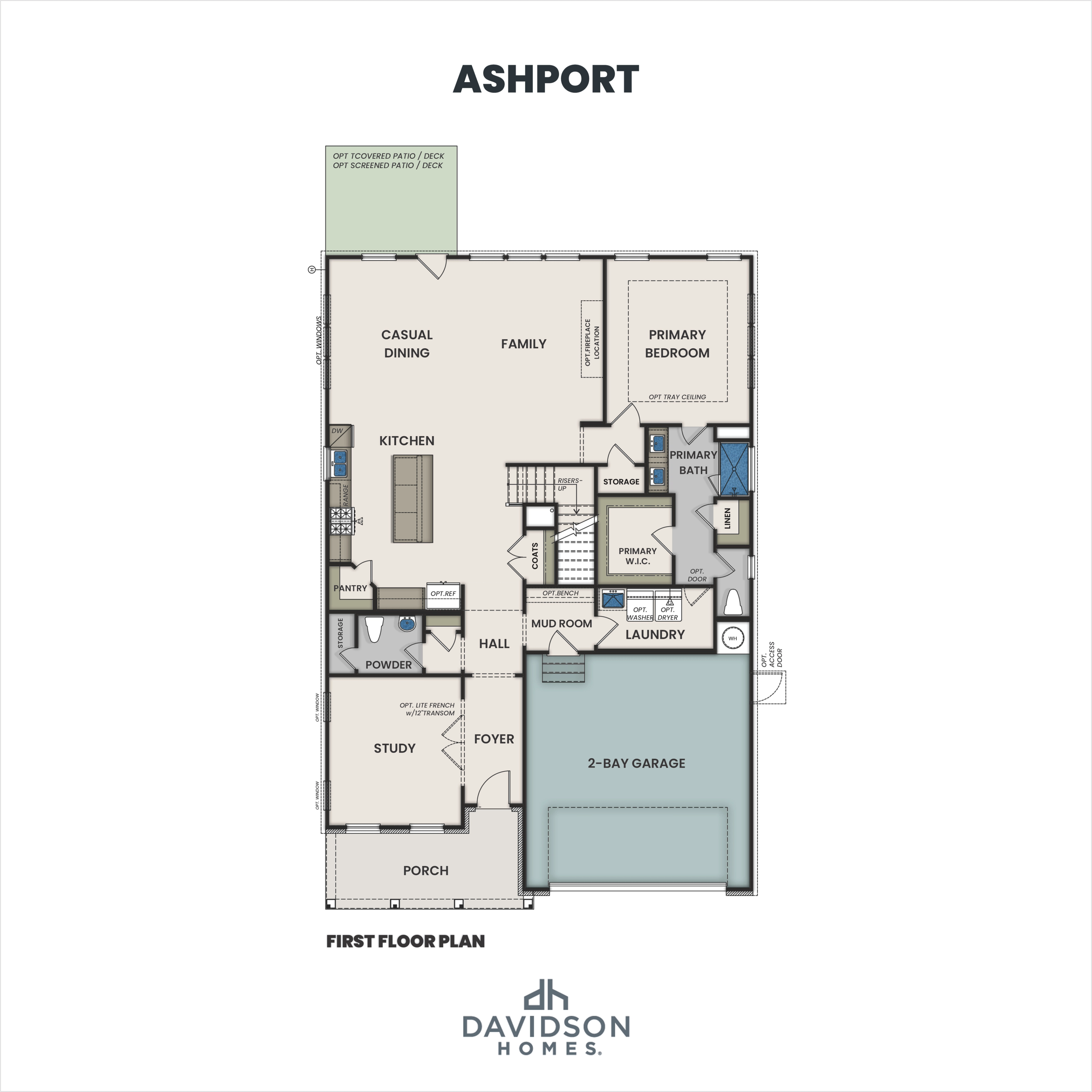 Ashport first floor plan by Davidson Homes: open kitchen, family room, master suite, study, and 2-car garage in Mooresville NC