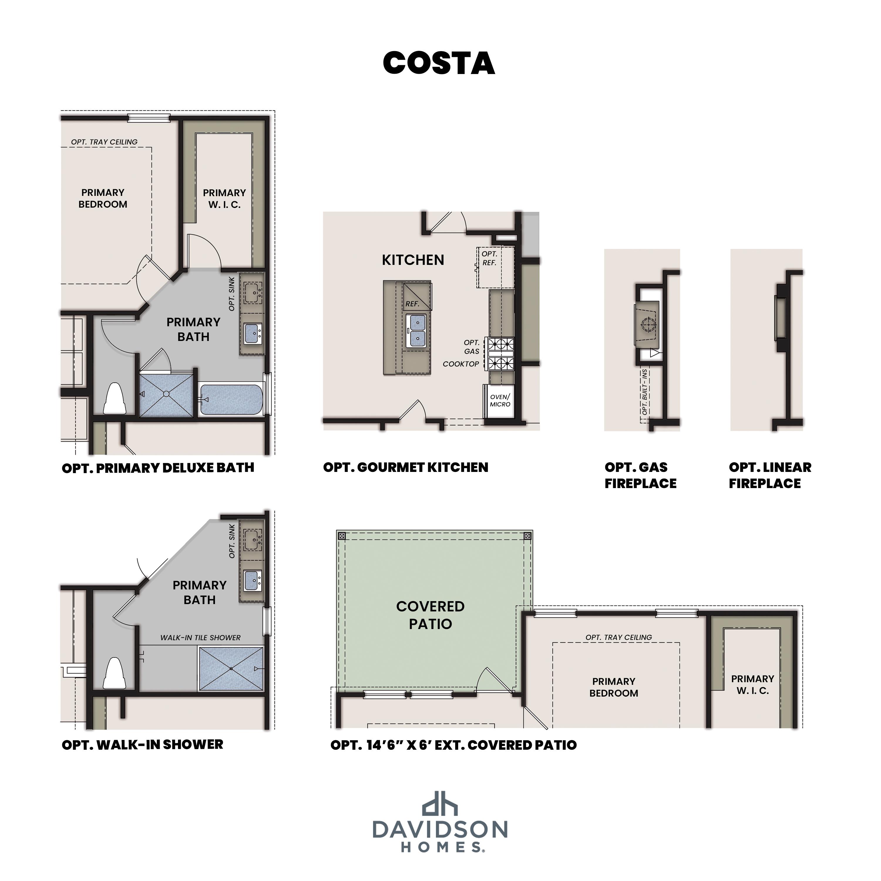 3-car garage floor plan of The Costa A showcasing spacious bays, variety of options, and adjacent primary suite with deluxe bath option
