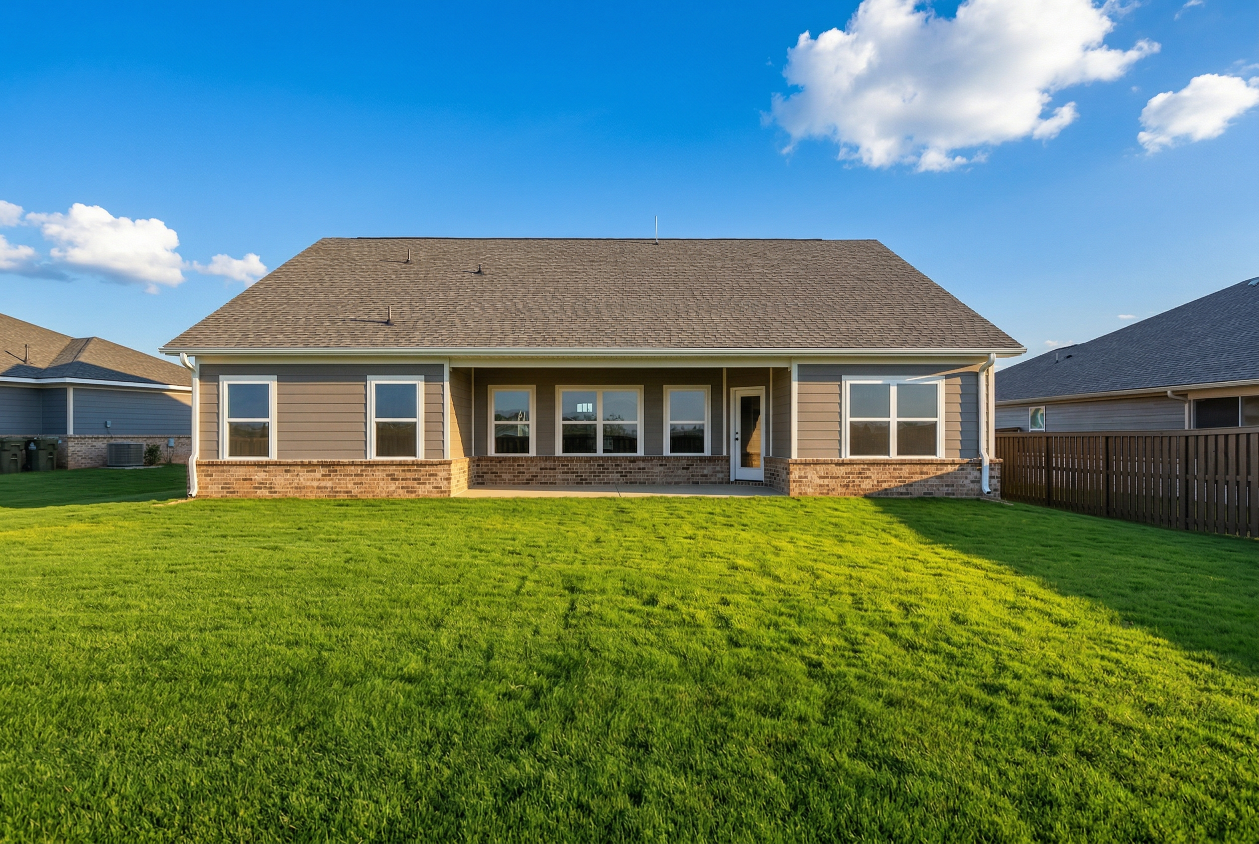 Front elevation of The Rockford 1-story home by Davidson Homes in Cullman, AL, with beige siding, brick accents, and green lawn