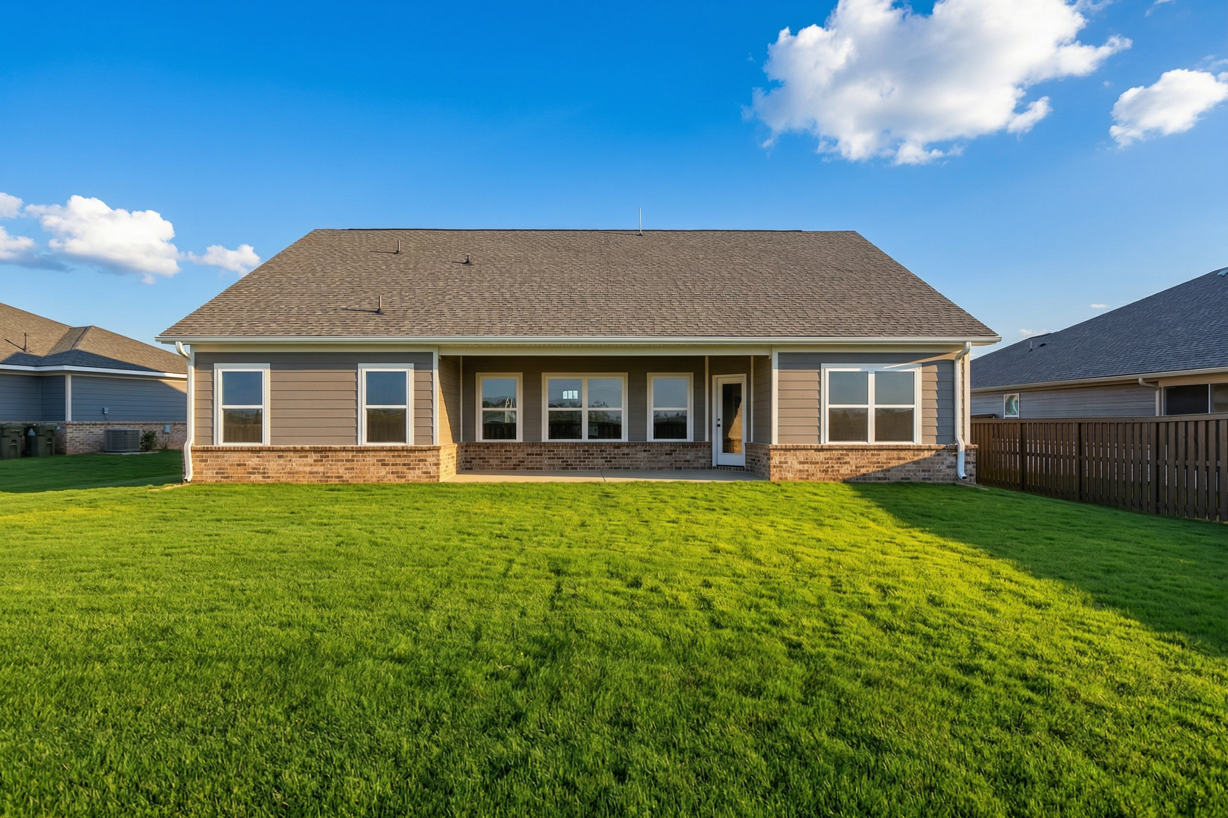Front elevation of The Rockford 1-story home by Davidson Homes in Cullman, AL, with beige siding, brick accents, and green lawn