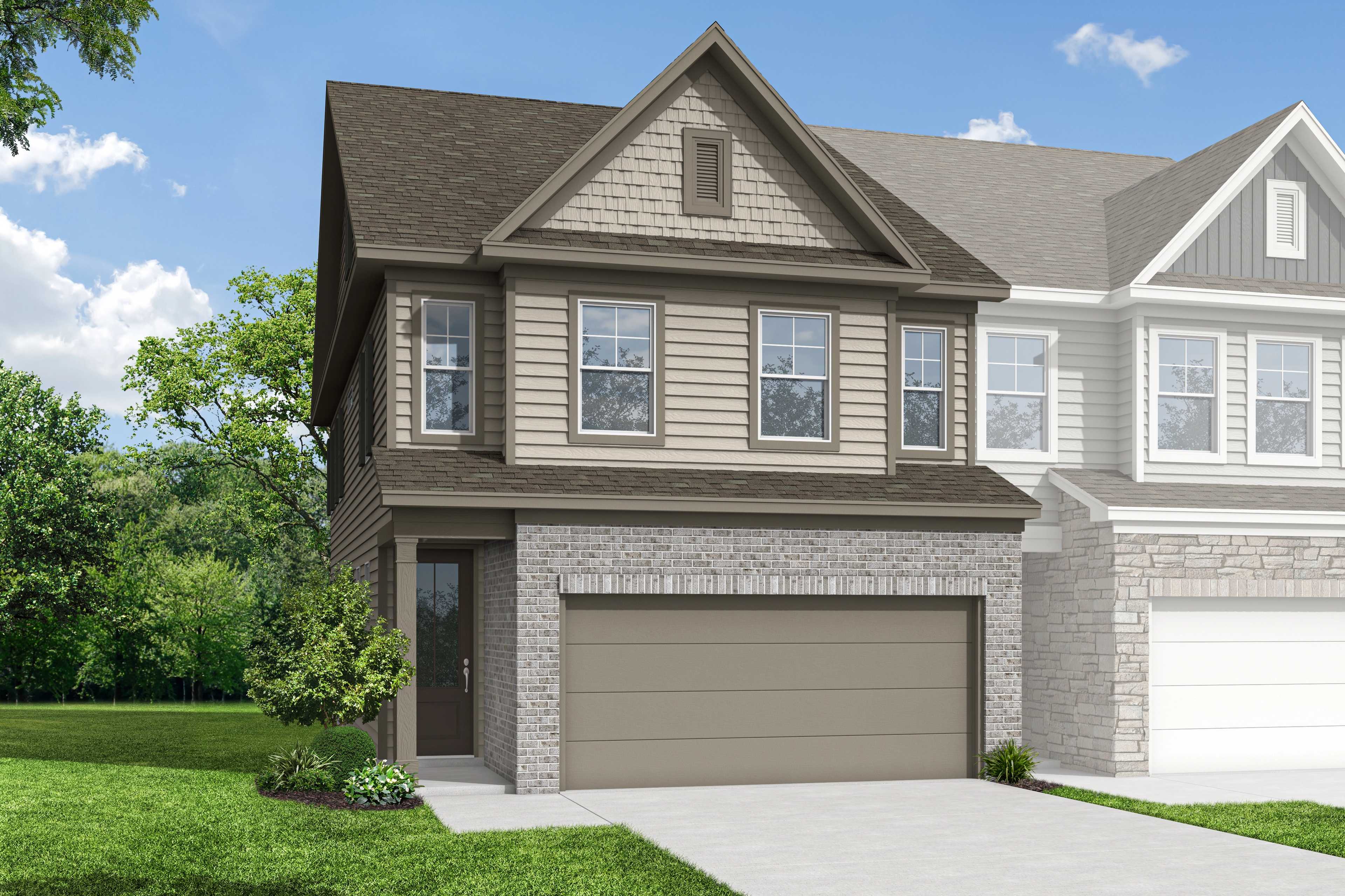 Durham C 2-story multi-family home elevation with beige siding, stone accents, 2-car garage, and lush landscaping in Cumming, GA