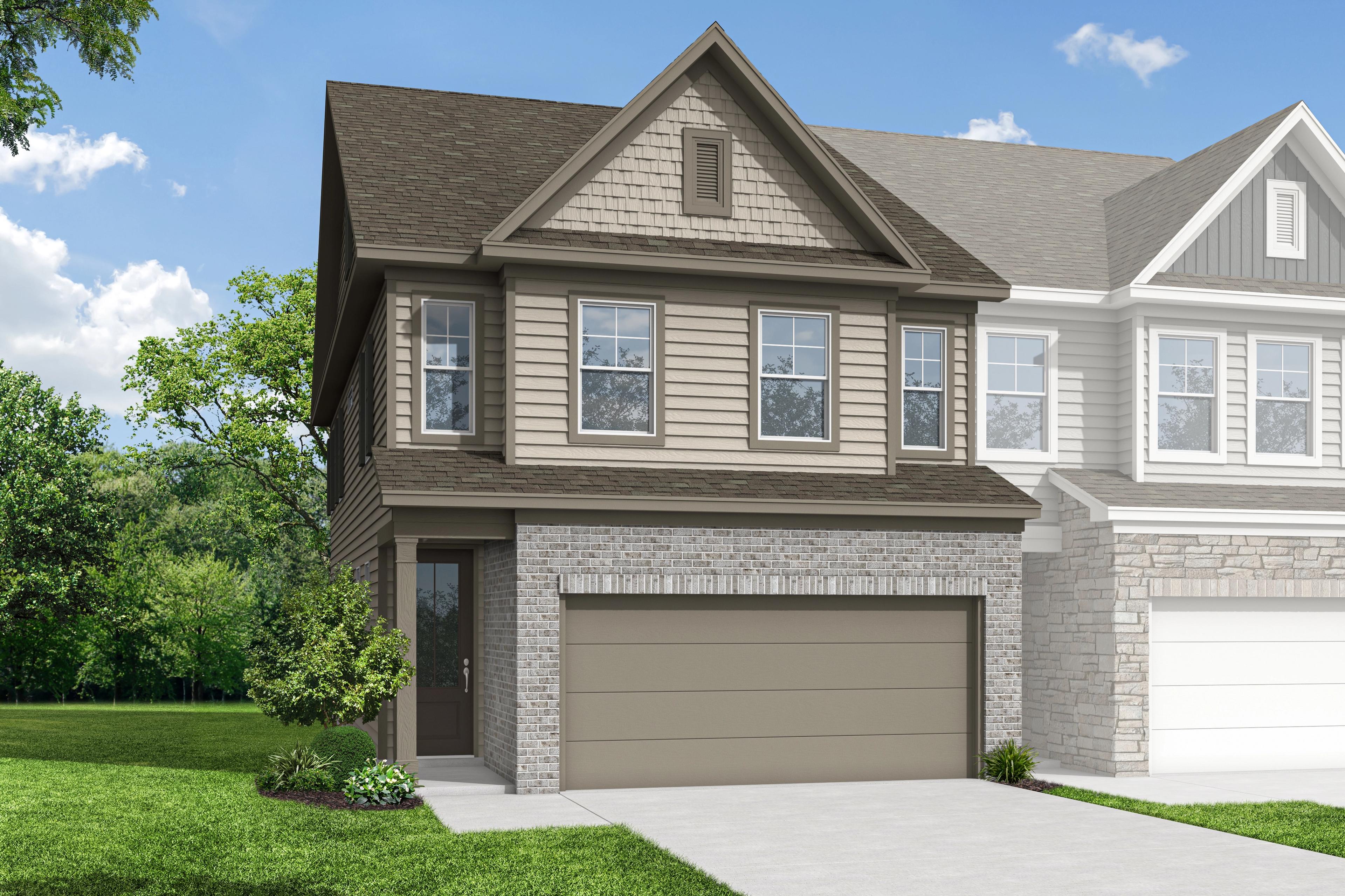 Durham C 2-story multi-family home elevation with beige siding, stone accents, 2-car garage, and lush landscaping in Cumming, GA