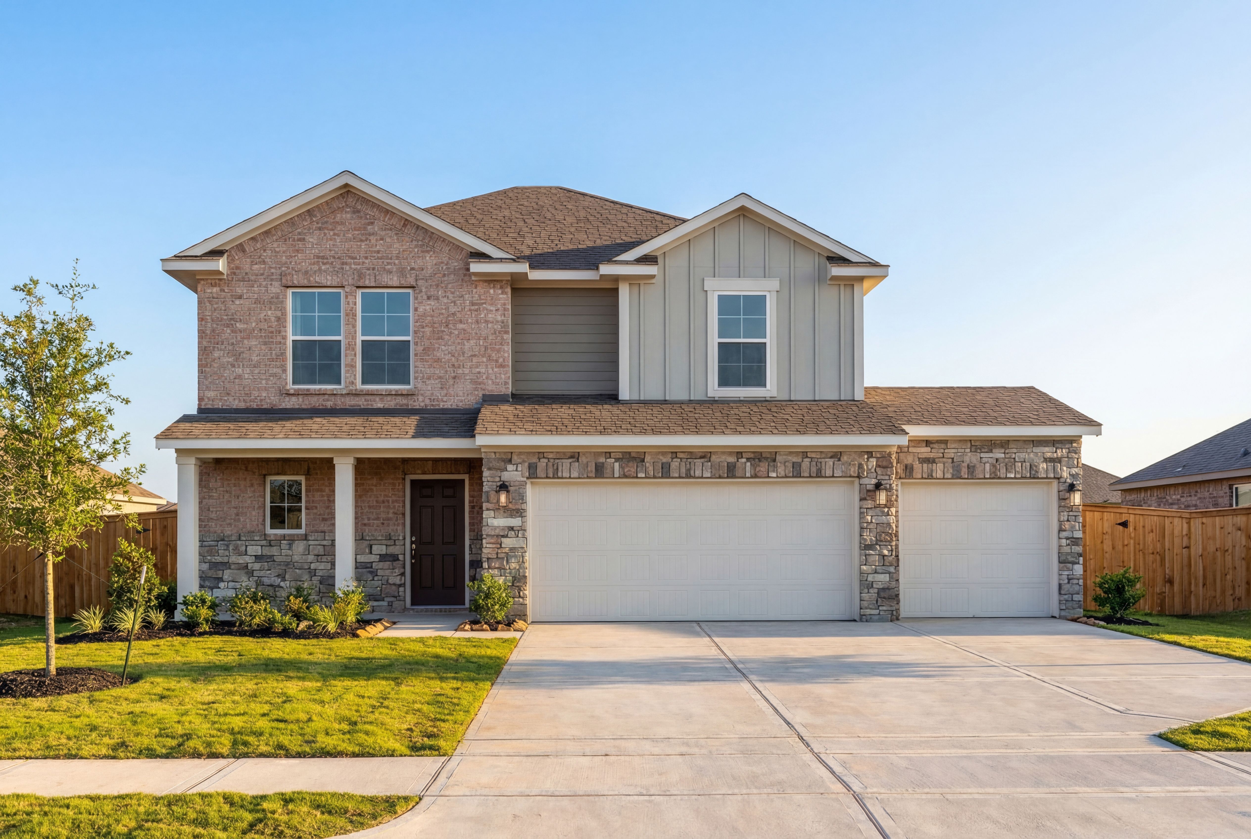 Two-story brick and stone exterior of The Tierra C home design with 3-car garage and covered porch in Dayton, Texas