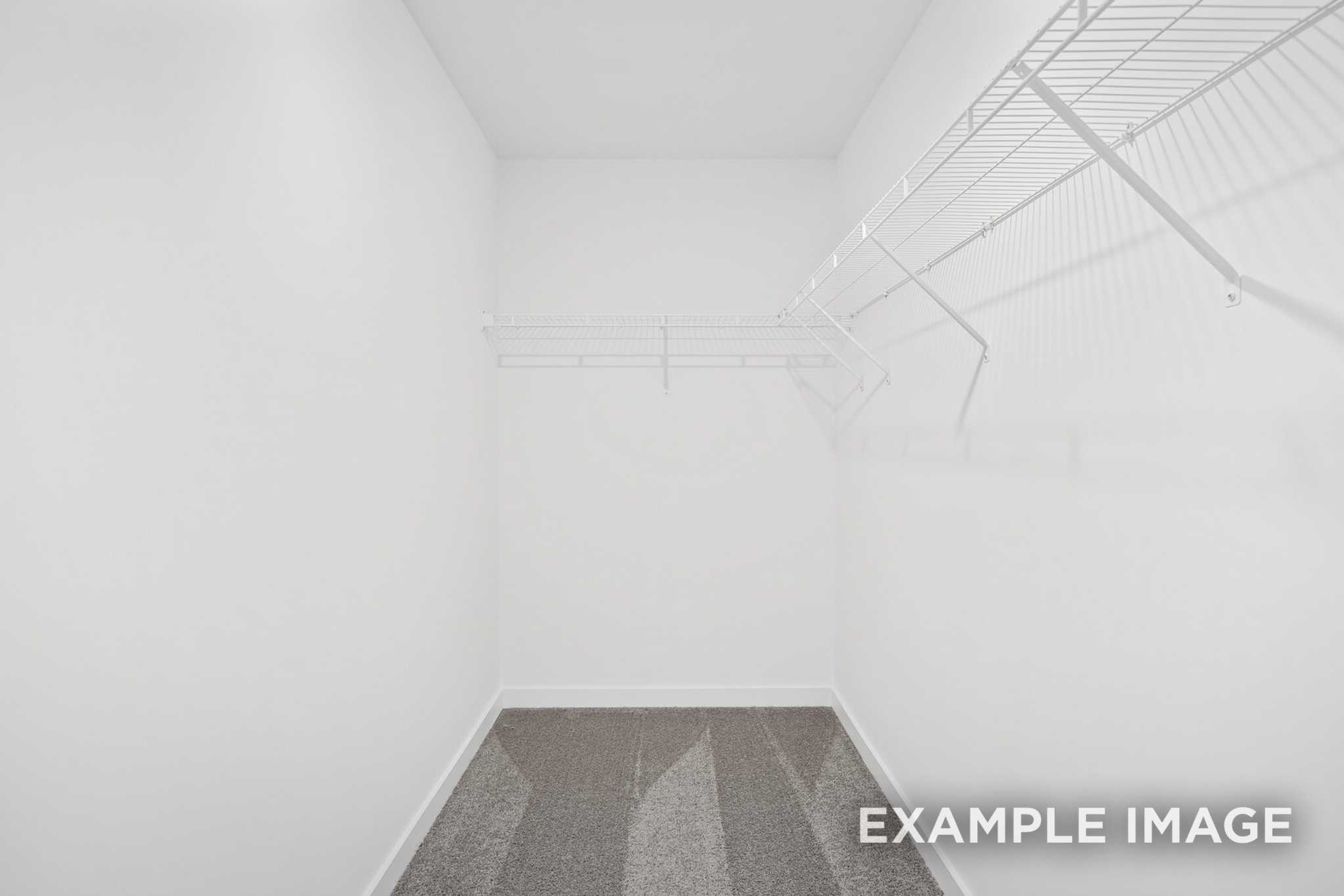 Spacious walk-in closet in The Murray B with white wire shelving and gray carpet flooring