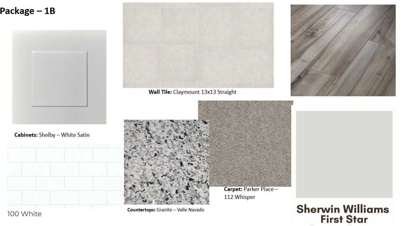 Package 1B interior samples: white satin Shelby cabinets, Vallejo granite countertops, Claymont 13x13 wall tile, Favor Place carpet, First Star paint for Davidson Homes Laguna B in Dayton, TX
