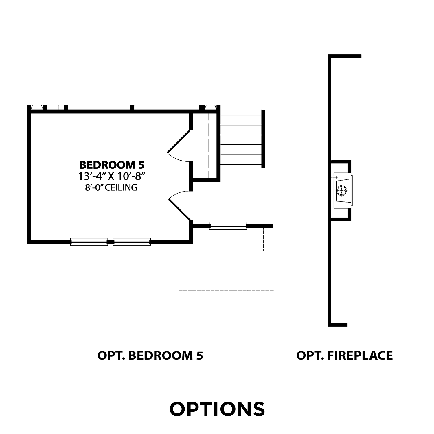 Upper floor plan detail of The Murray C featuring optional Bedroom 5 (12'4" x 10'8", 8' ceiling) and fireplace option