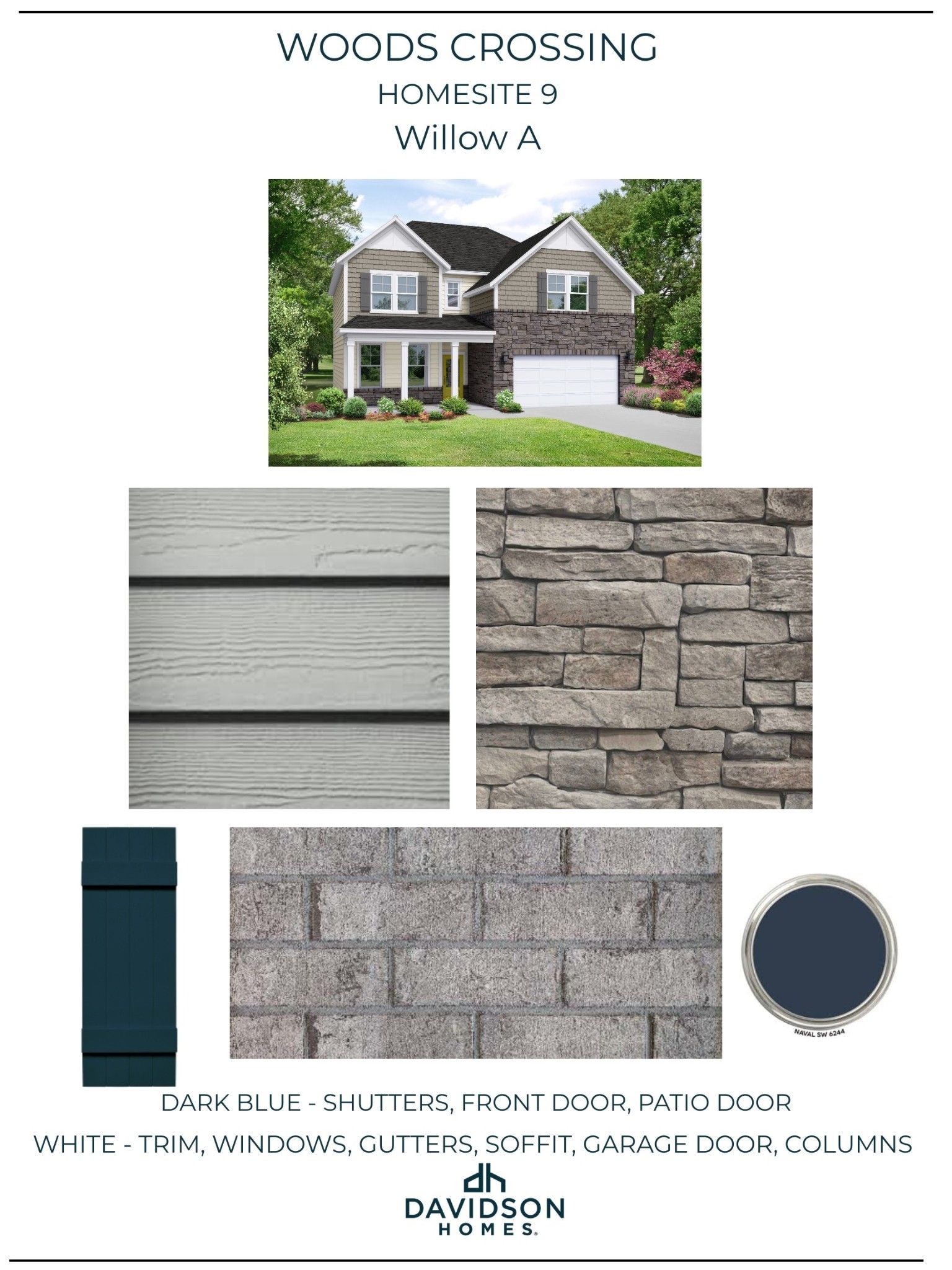 Willow A two-story home exterior with gray siding, stone accents, dark blue shutters in Woods Crossing, Gallatin TN, Davidson Homes palette
