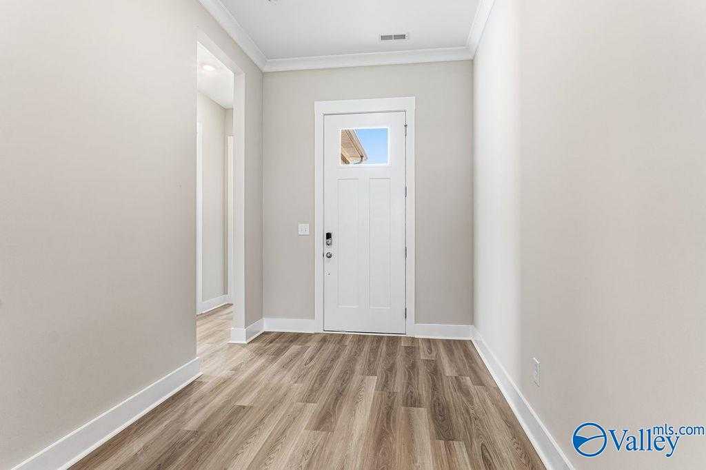 Elegant hallway featuring light beige walls, luxury vinyl plank flooring, and white door with window in Evermore Homes The Oxford, Owens Cross Roads, AL