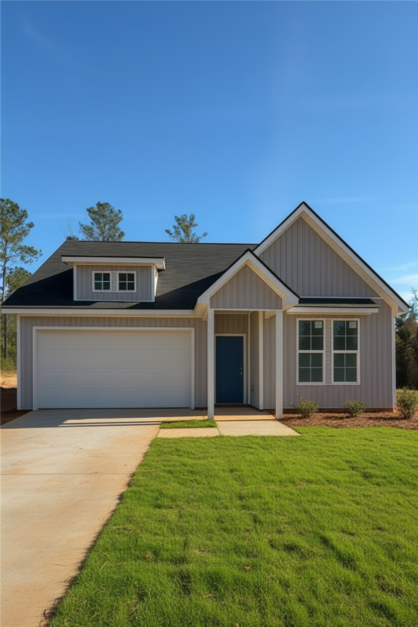 Modern gray-sided 1-story home with blue door, 2-car garage, and porch in Silver Oak, Cusseta, Alabama by Evermore Homes