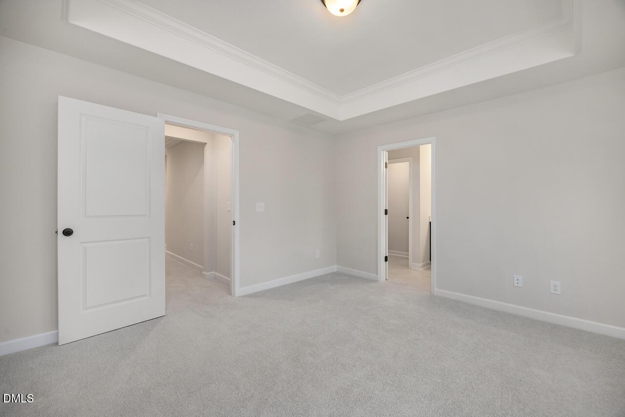 Spacious bedroom with light gray walls, gray carpet, tray ceiling, and doors to closet and bath in Davidson Homes The Mitchell, Knightdale NC