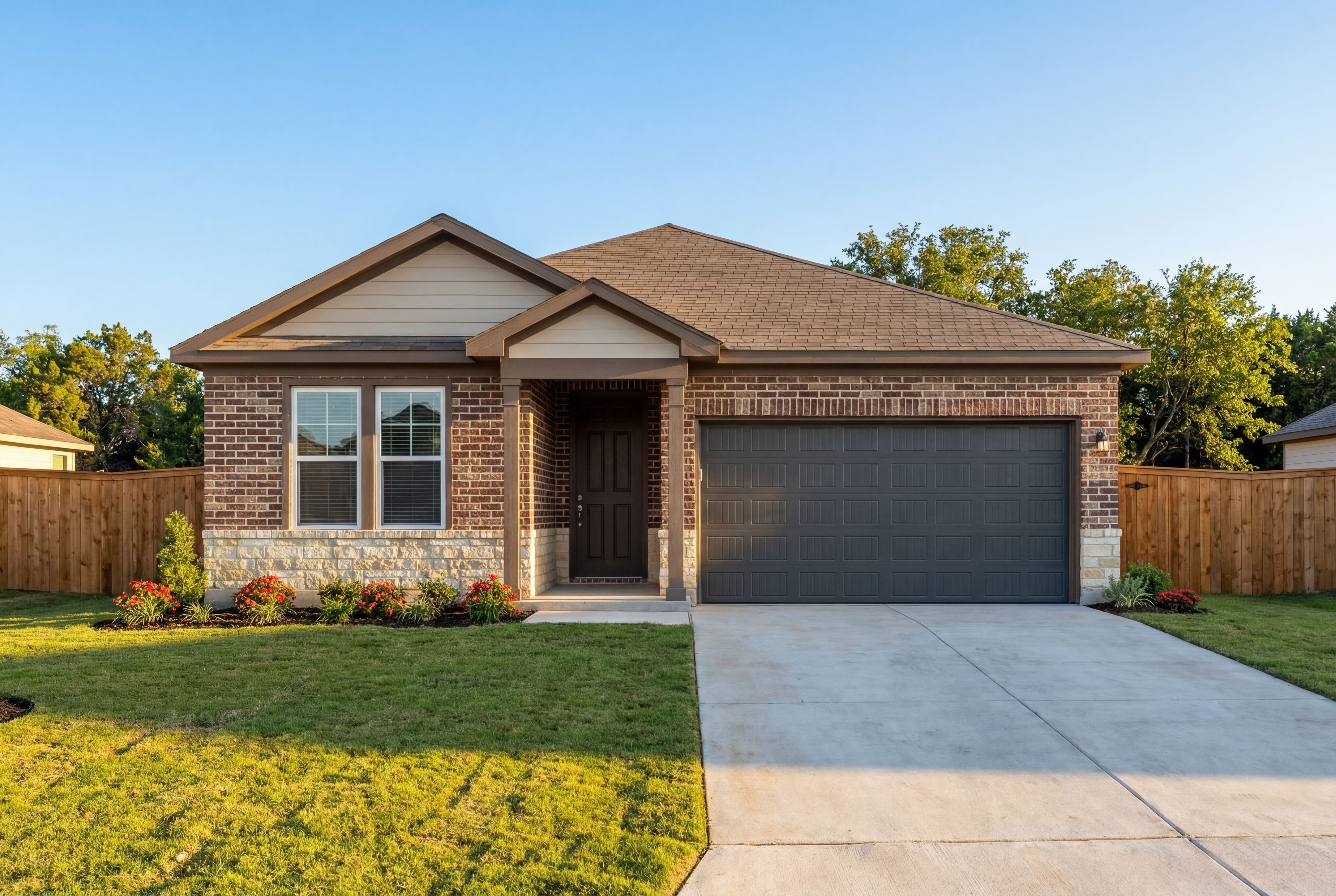 Brick single-story Daphne K home elevation with brown roof, 2-car garage, brick facade, and landscaped yard in San Antonio