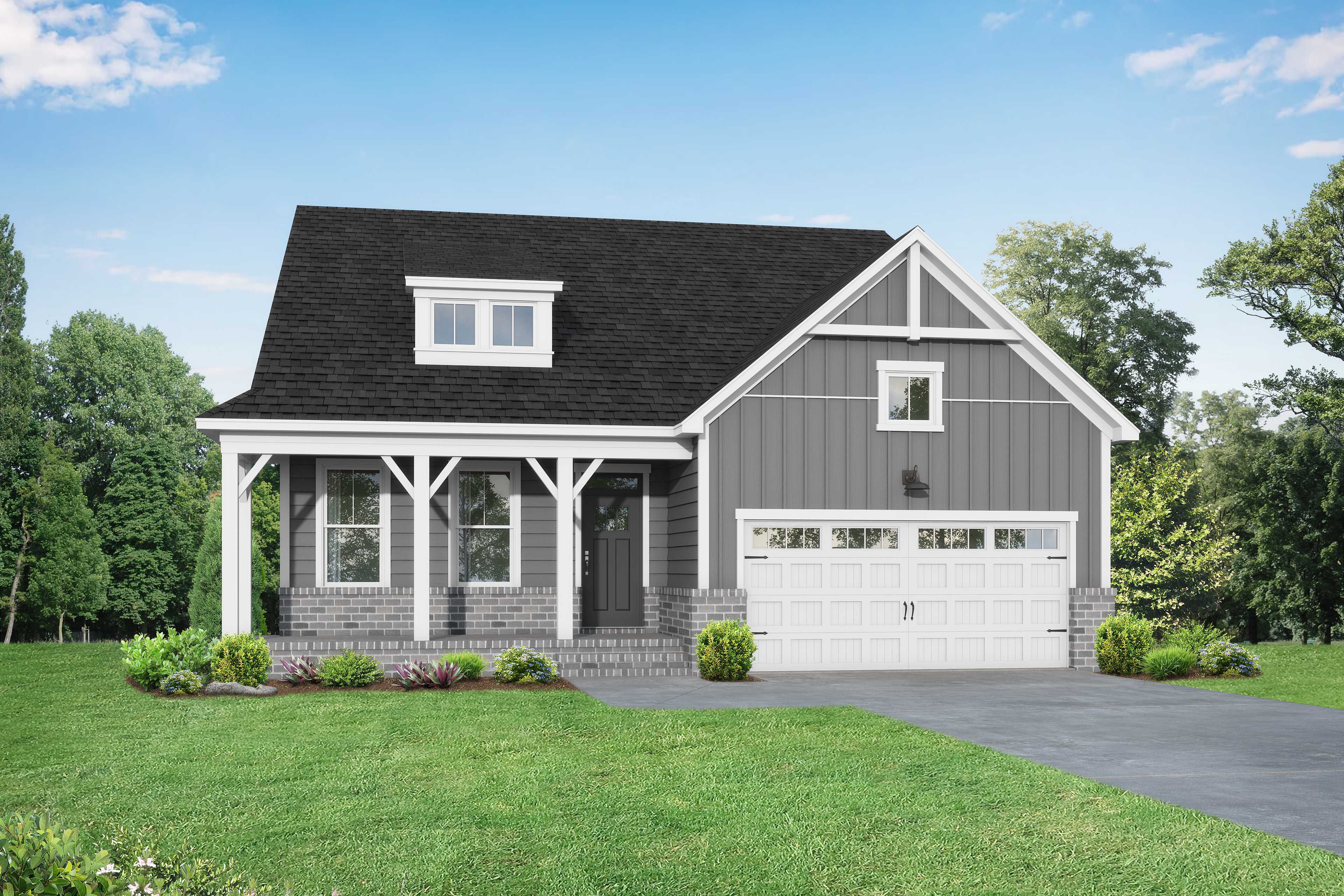 Modern craftsman exterior of The Birch II E home by Davidson Homes in Wake Forest NC with gray siding, gabled roof, covered porch, and 2-car garage