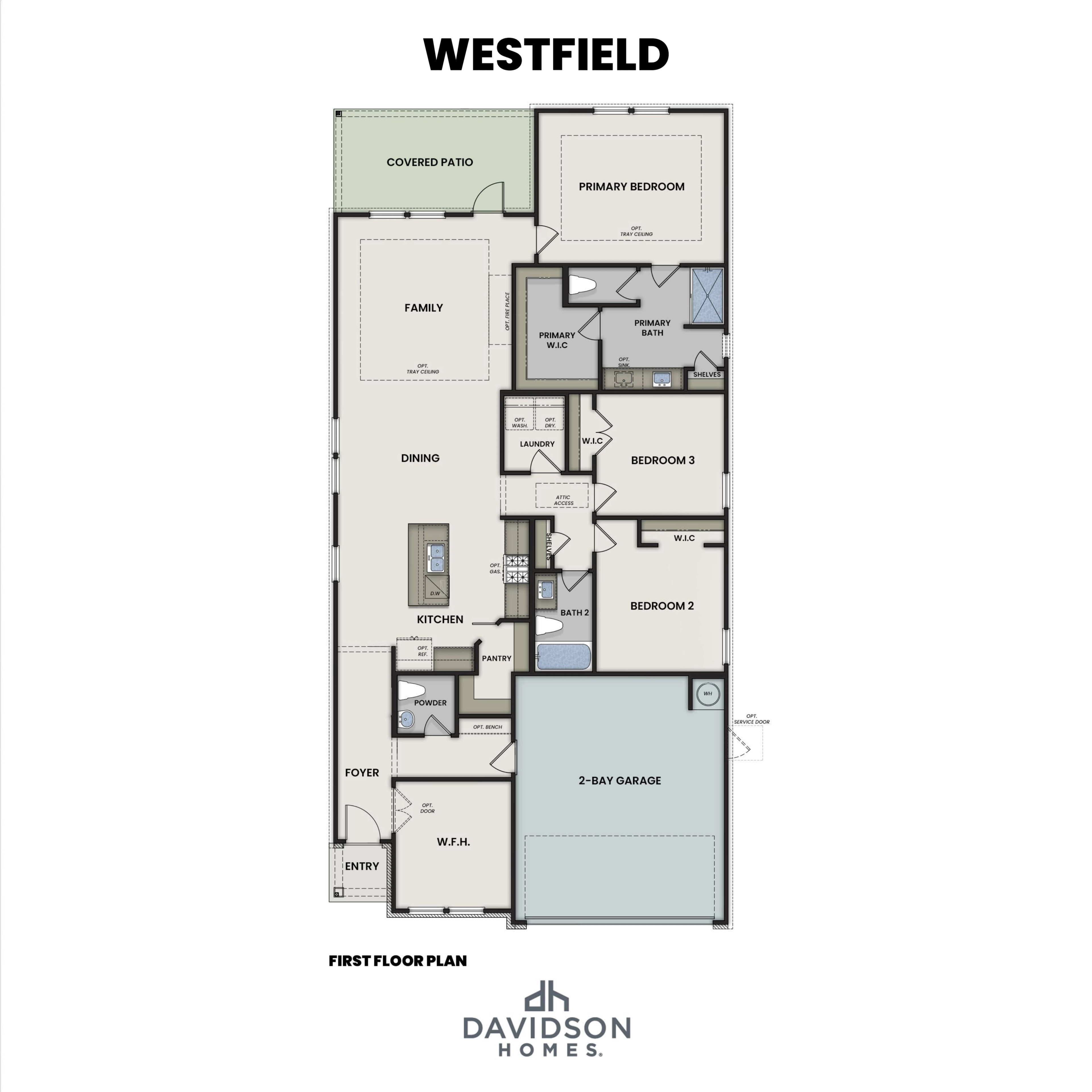 Westfield first floor plan by Davidson Homes: 3-bedroom layout with primary suite, open kitchen, dining, family room, and 2-bay garage