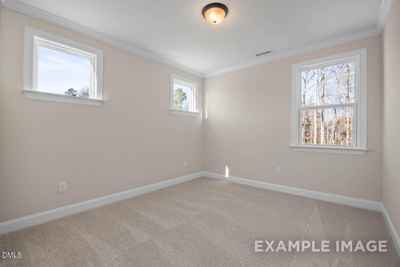 Bright secondary bedroom with beige carpet, walls, large windows, and ceiling light in The Crawford D home, Angier, NC