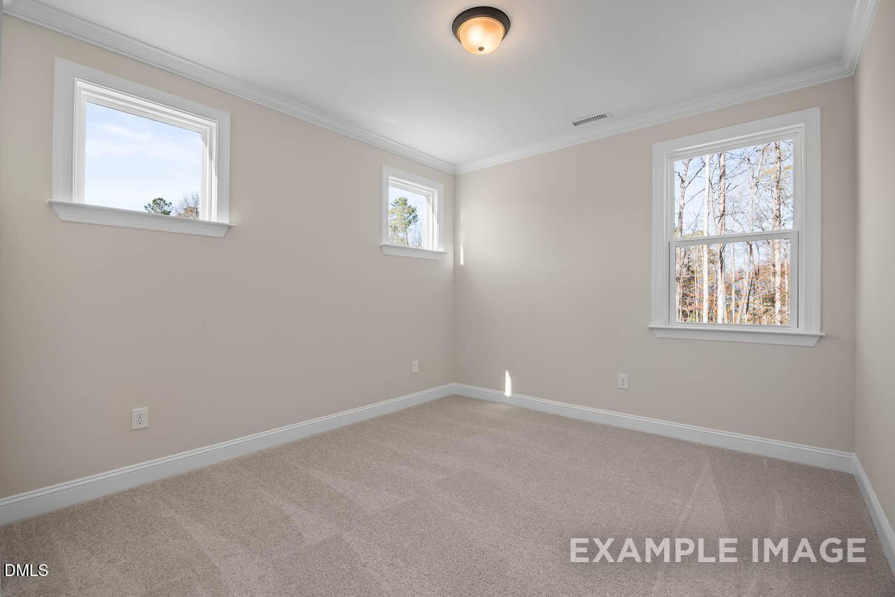 Bright secondary bedroom with beige carpet, walls, large windows, and ceiling light in The Crawford D home, Angier, NC