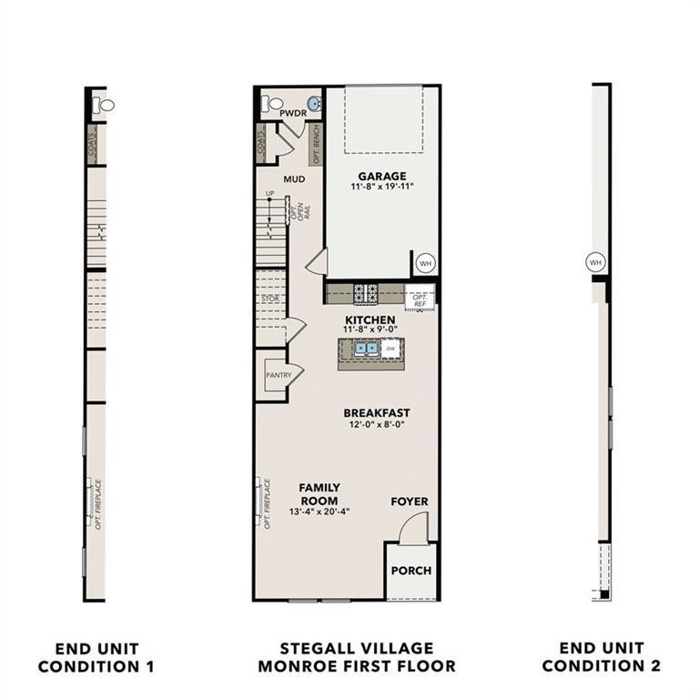 First floor plan of The Monroe A by Davidson Homes: kitchen, family room, 1-car garage, porch in Stegall Village, Emerson, GA