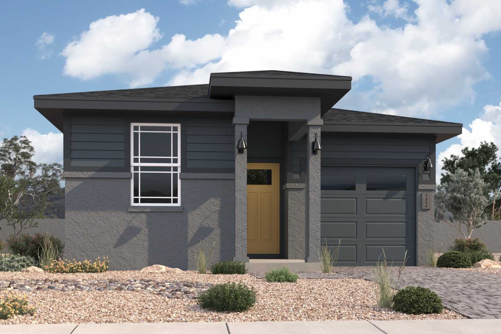 Modern single-story Savannah A home elevation by Davidson Homes in Prescott AZ with gray exterior, garage, and desert landscaping