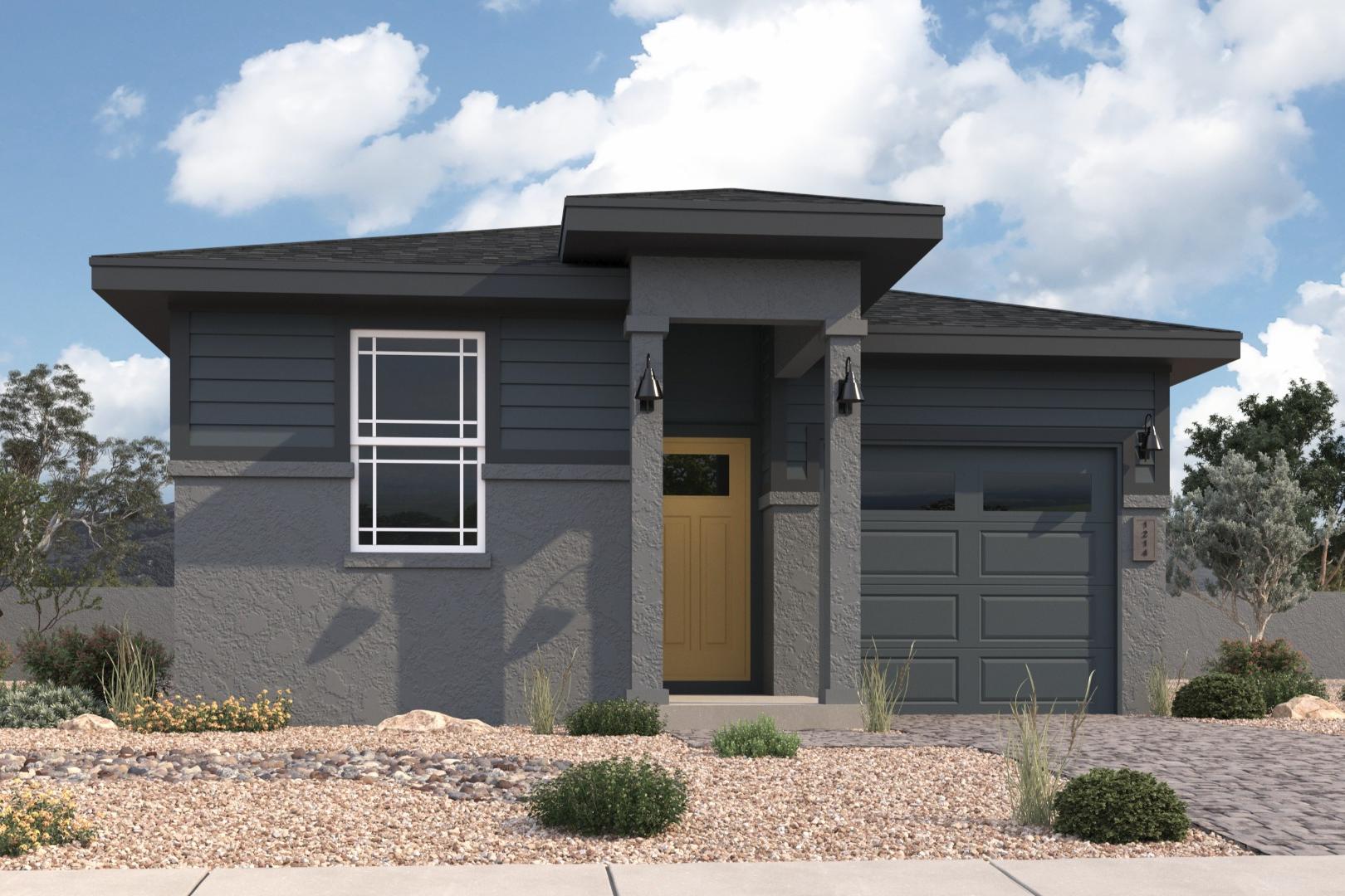 Modern single-story Savannah A home elevation by Davidson Homes in Prescott AZ with gray exterior, garage, and desert landscaping