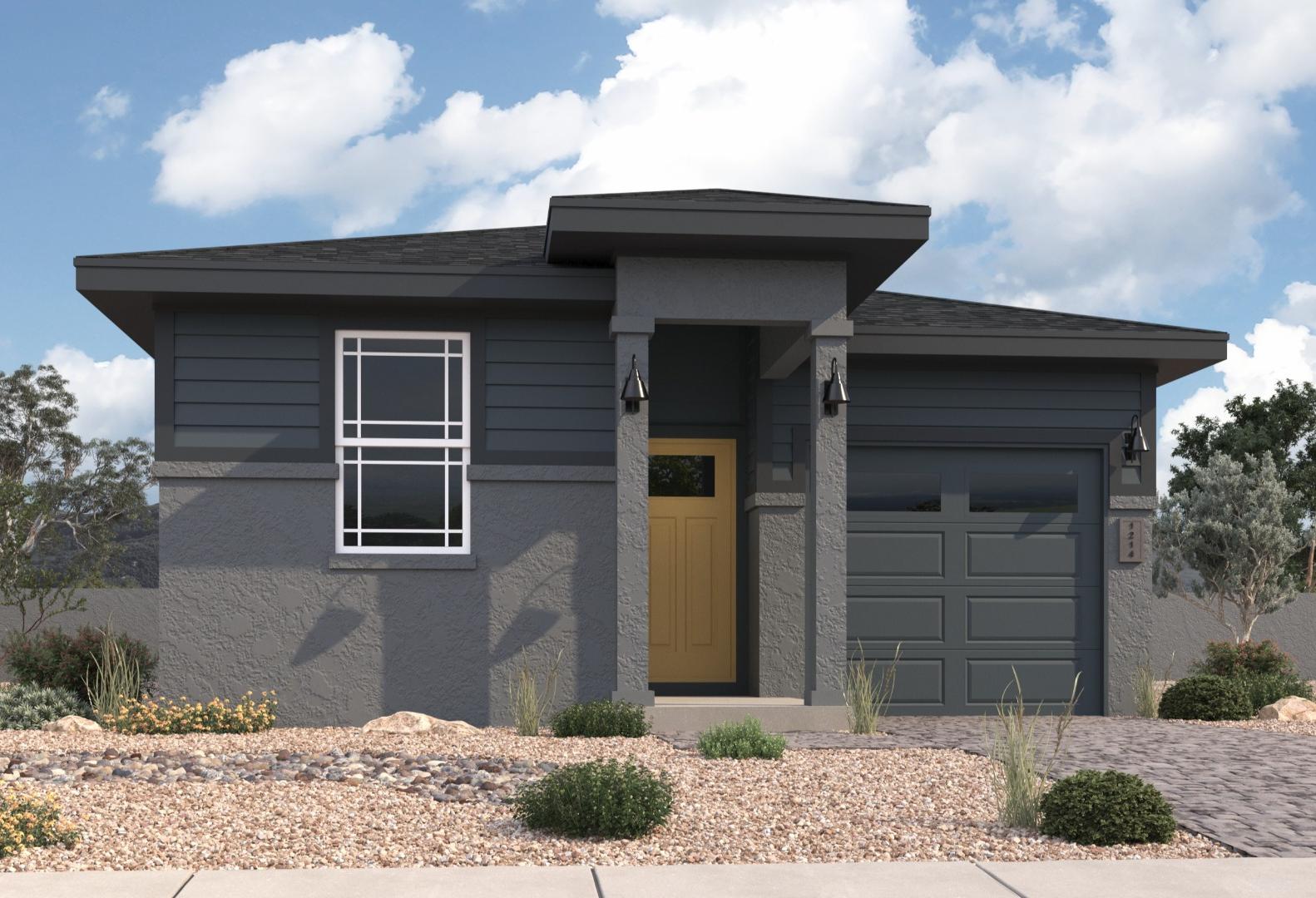 Modern single-story Savannah A home elevation by Davidson Homes in Prescott AZ with gray exterior, garage, and desert landscaping
