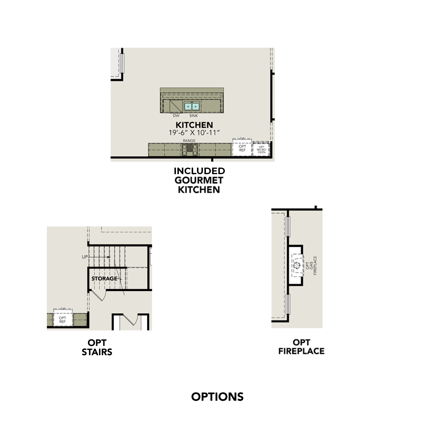 Gourmet kitchen floor plan in The Foster G home design featuring large island, pantry, optional stairs and fireplace