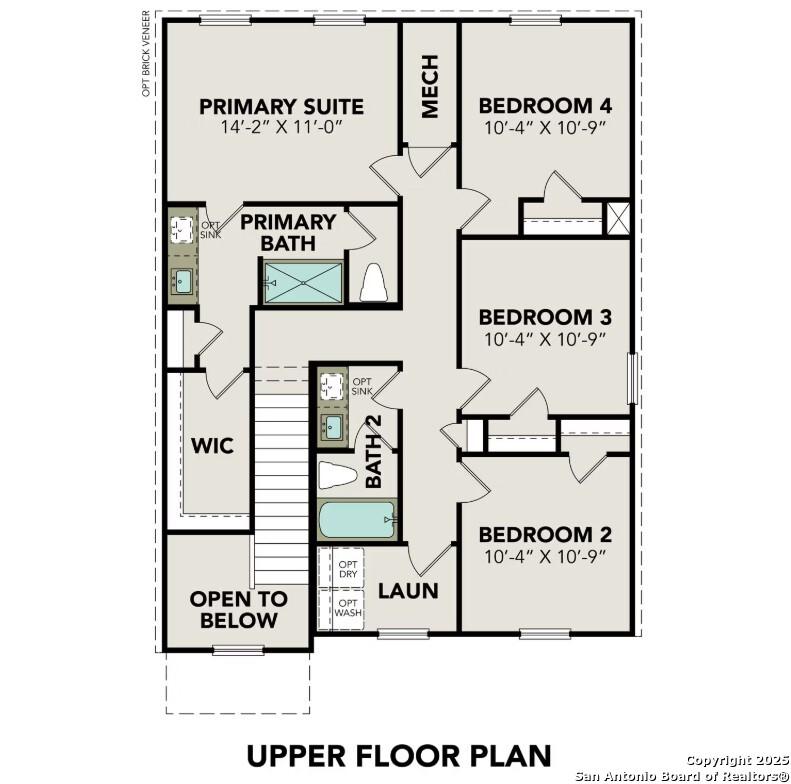 Upper floor plan of The Trinity B showing primary suite, bedrooms 2-4, baths, laundry in 4-bedroom Davidson Homes, San Antonio, Texas