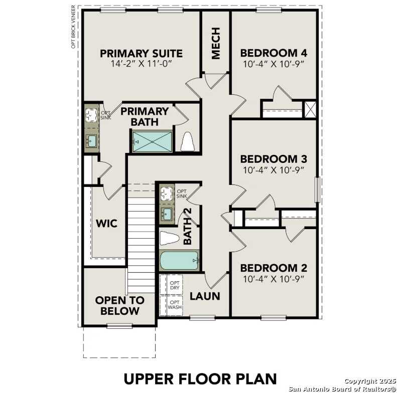Upper floor plan of The Trinity B: primary suite with bath, 3 bedrooms, full bath in Davidson Homes, Applewhite Meadows, San Antonio
