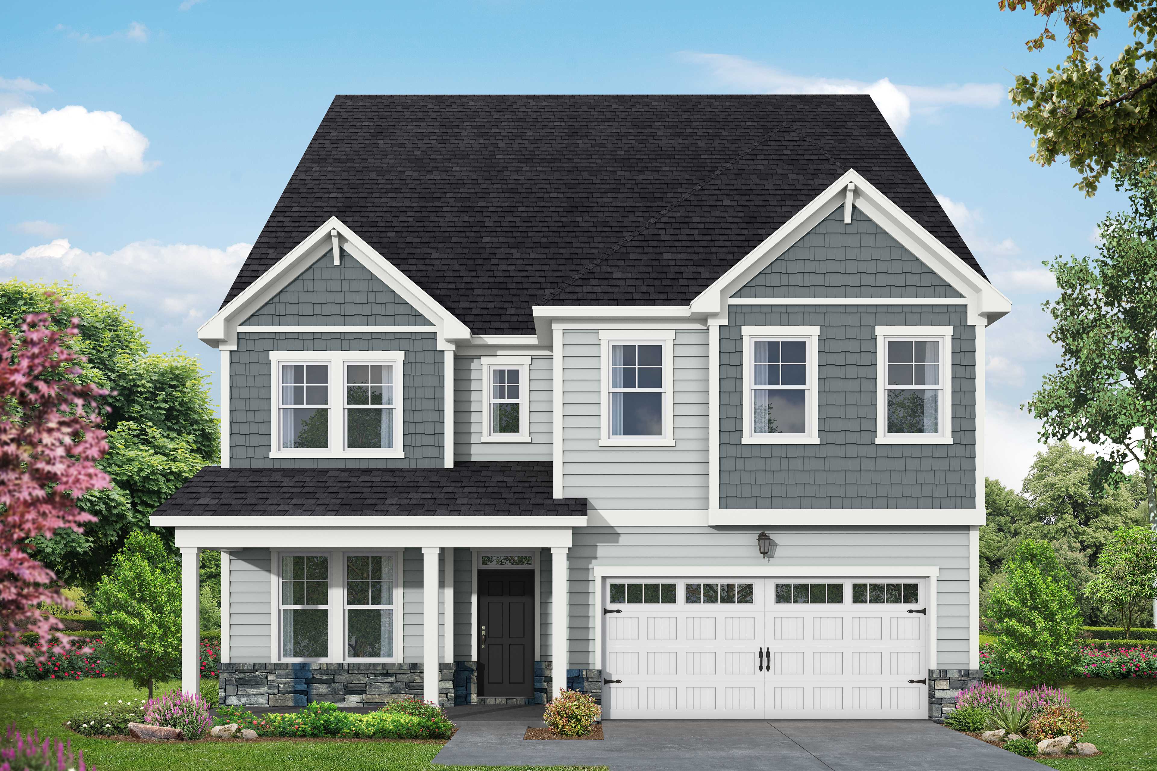 Shaker-style elevation of The Aspen C two-story home with blue siding, black roof, covered porch, and 2-car garage