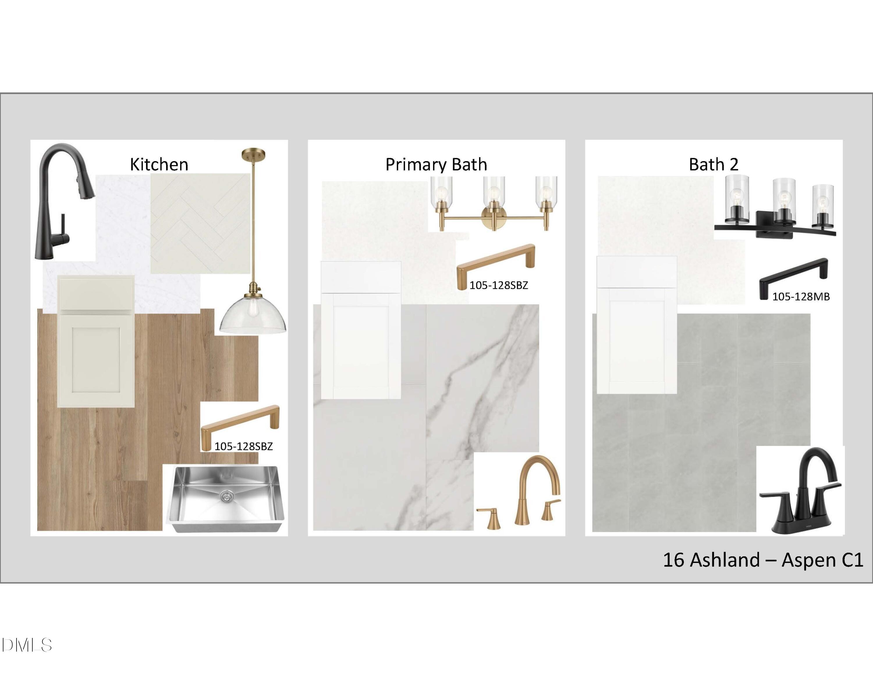 Design finish board for kitchen and bathrooms in The Aspen C floor plan by Davidson Homes at Ashland, Apex, NC.