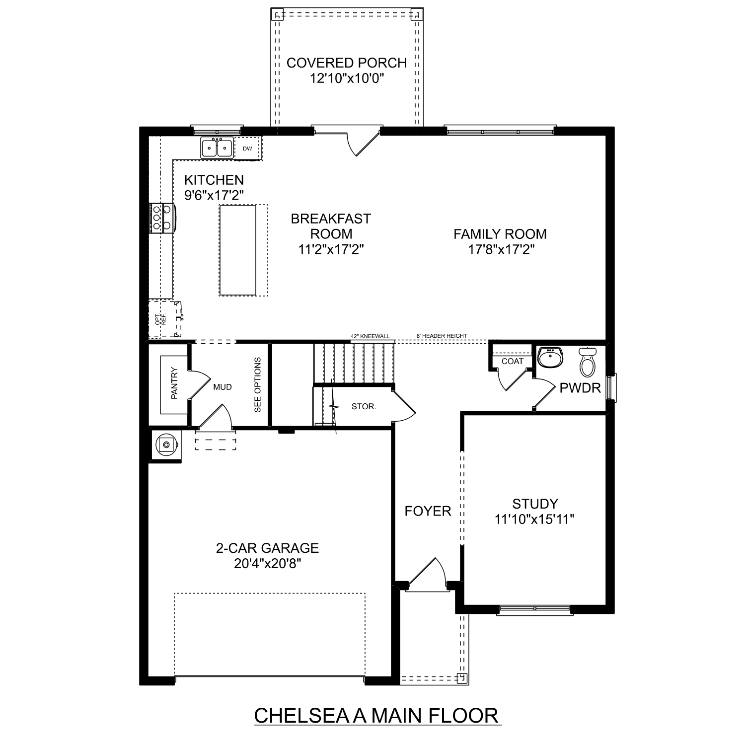 First floor plan of The Chelsea A featuring open kitchen, breakfast nook, family room, study, and 2-car garage