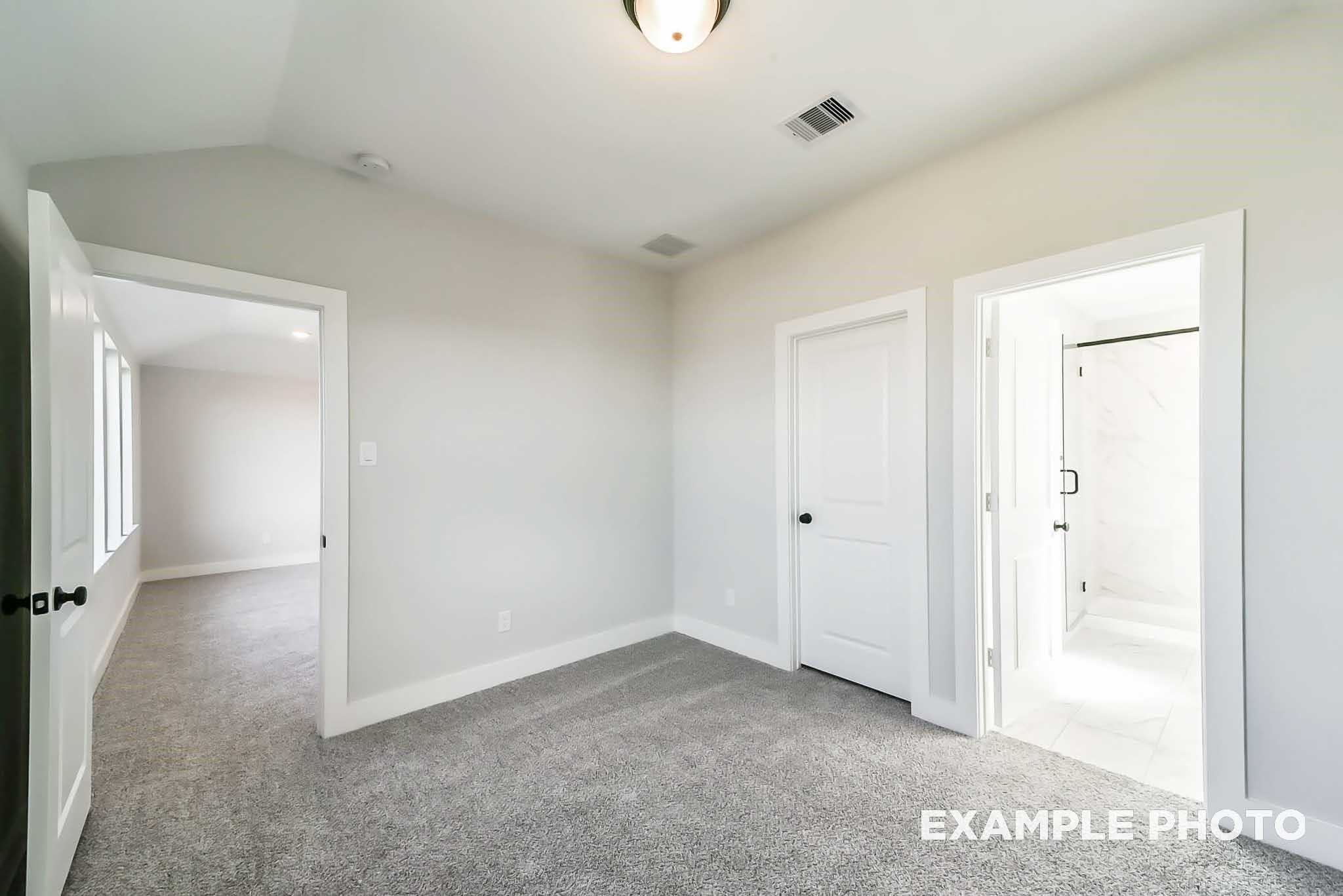 Bright carpeted hallway with doors to bedroom and modern bathroom in Davidson Homes The Philip C, Rosharon, Texas