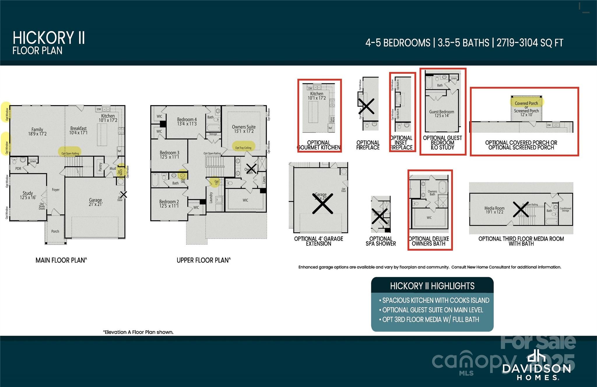 Hickory II floor plan: 2-story 5-bedroom, 4-bath 2,735 sq ft layout with 2-car garage by Davidson Homes in Enclave at Belmont, NC