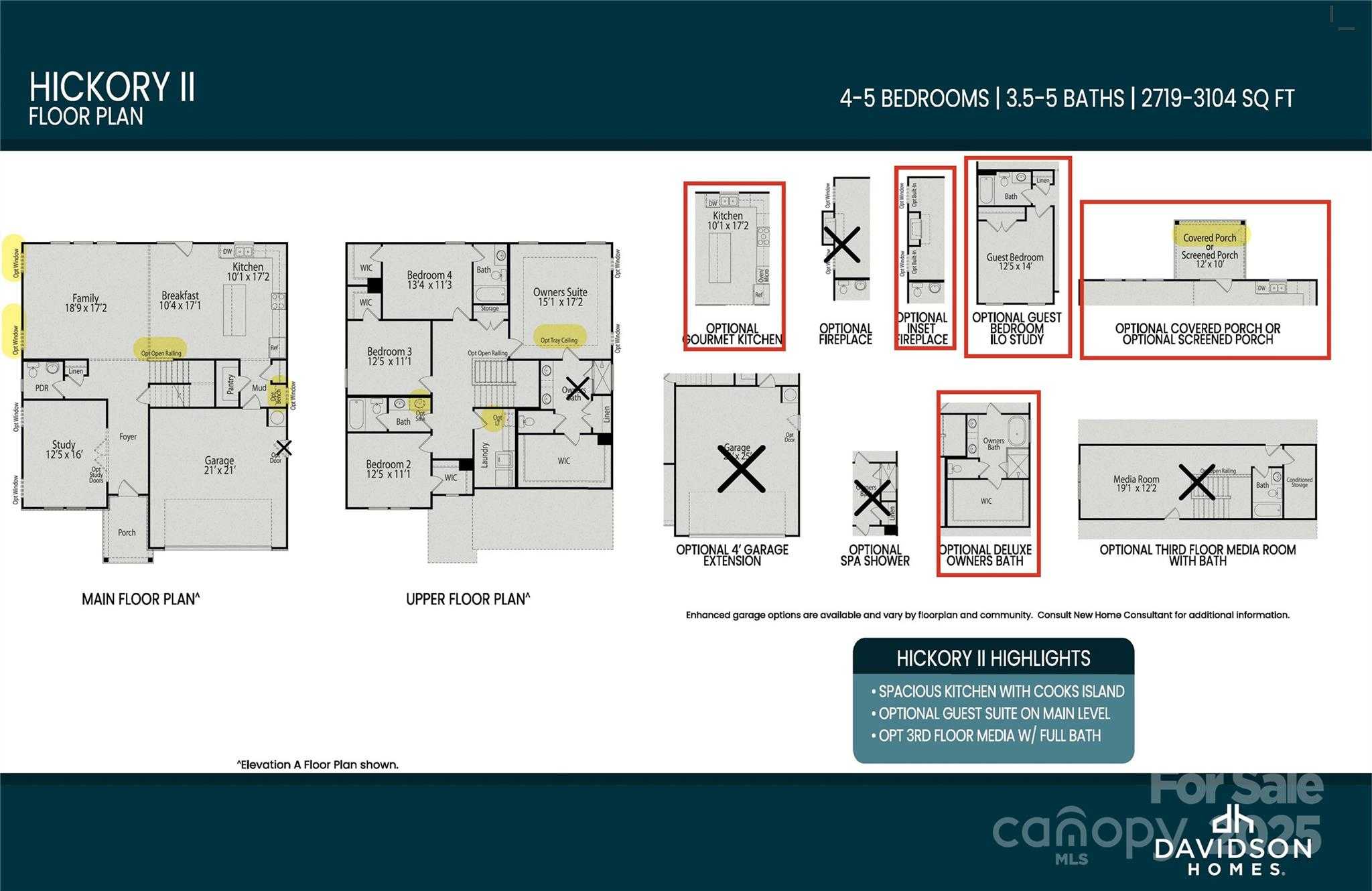 Hickory E II floor plan: 5-bed, 4-bath, 2,735 sq ft 2-story layout by Davidson Homes in Enclave at Belmont, NC