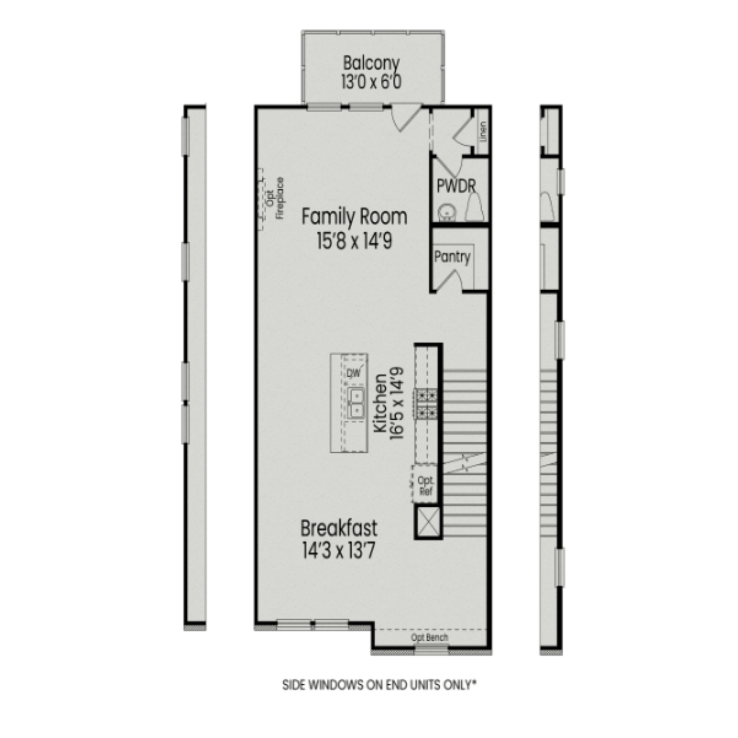 First floor plan of The Mitchell townhome by Davidson Homes in Knightdale NC: open family room, island kitchen, breakfast nook, pantry