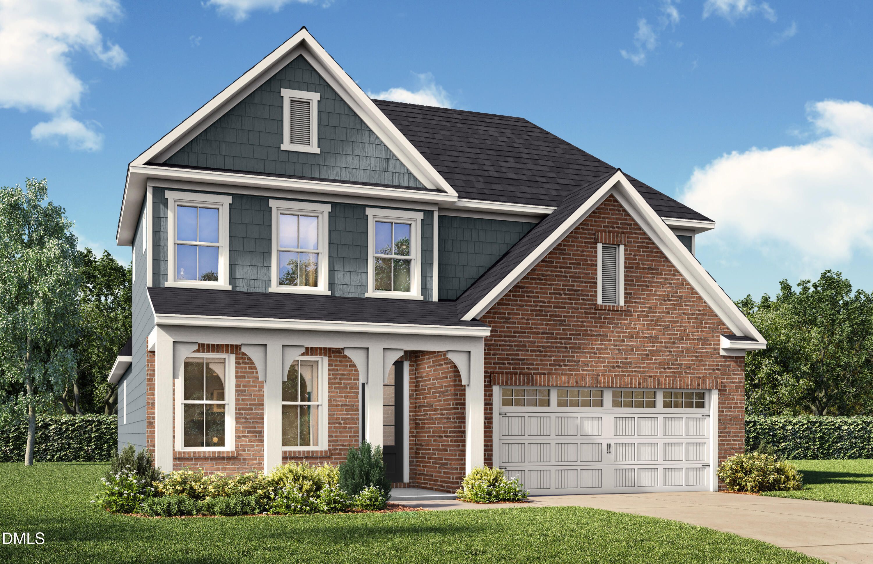 Two-story Ashport G home by Davidson Homes with brick accents, gray siding, three-car garage, and front porch in Tobacco Road, Angier, NC