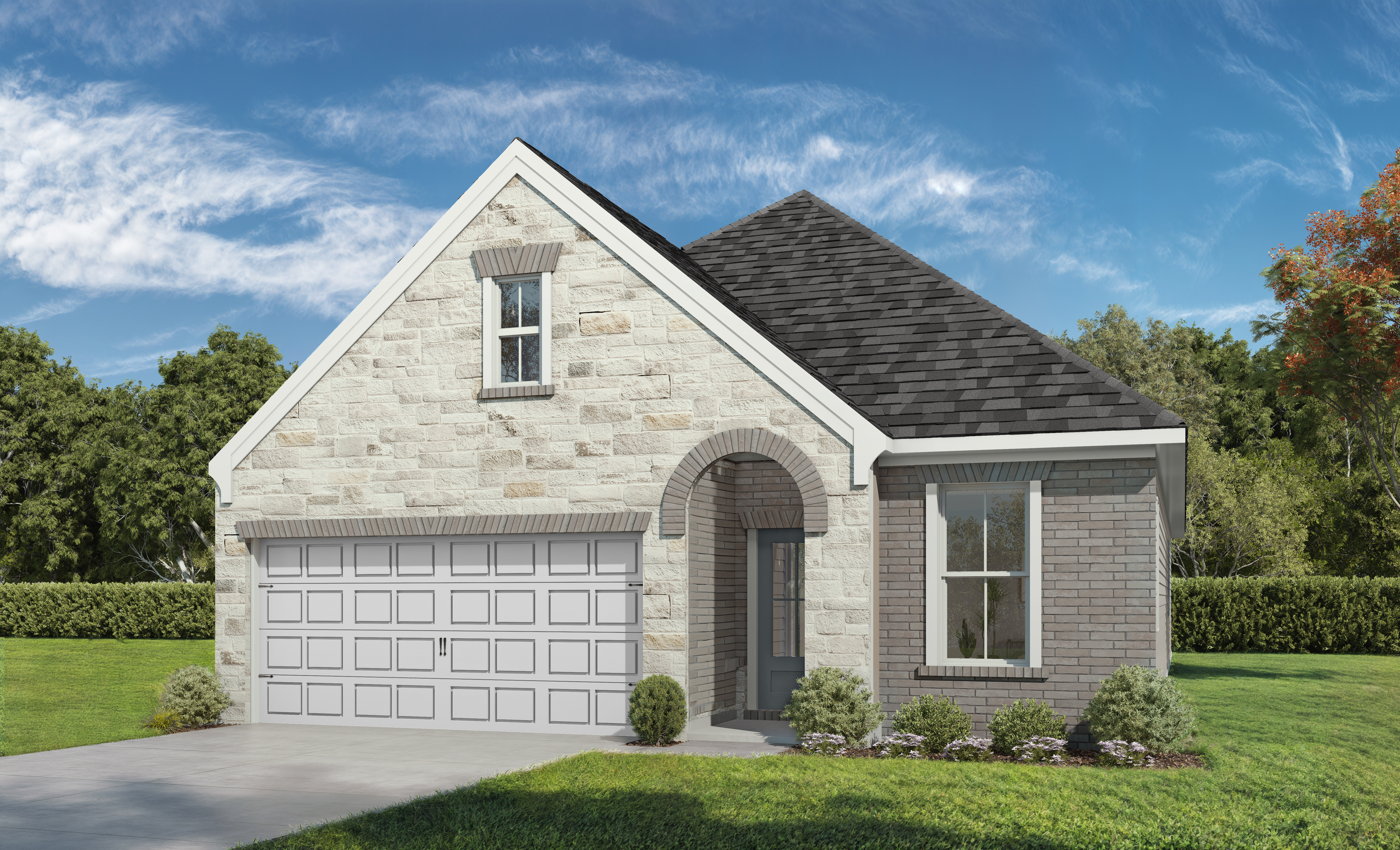Greenfield single-story home elevation with stone and brick facade, dark shingle roof, 2-car garage, arched entry in Crosby Texas