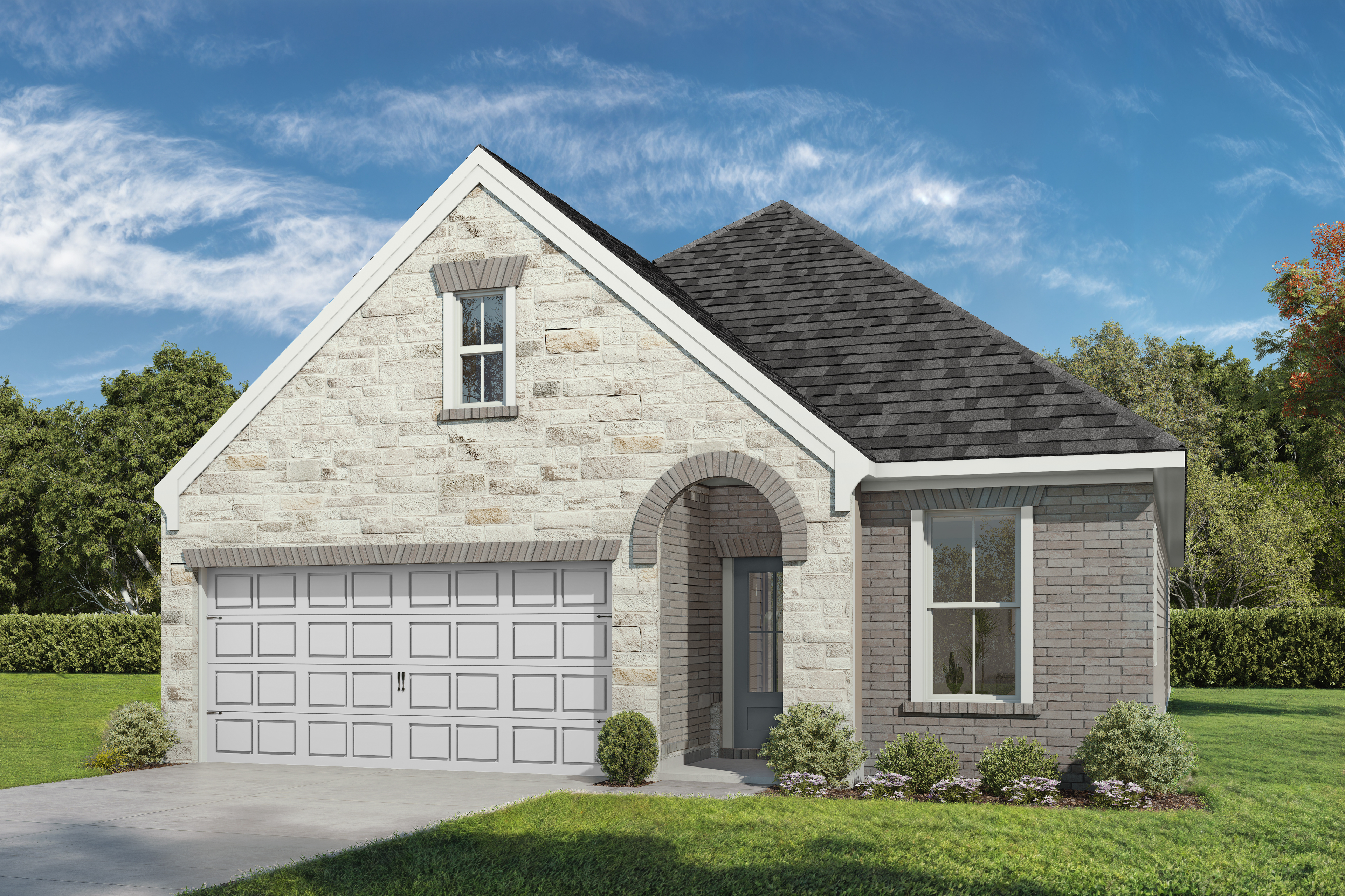Greenfield single-story home elevation with stone and brick facade, dark shingle roof, 2-car garage, arched entry in Crosby Texas